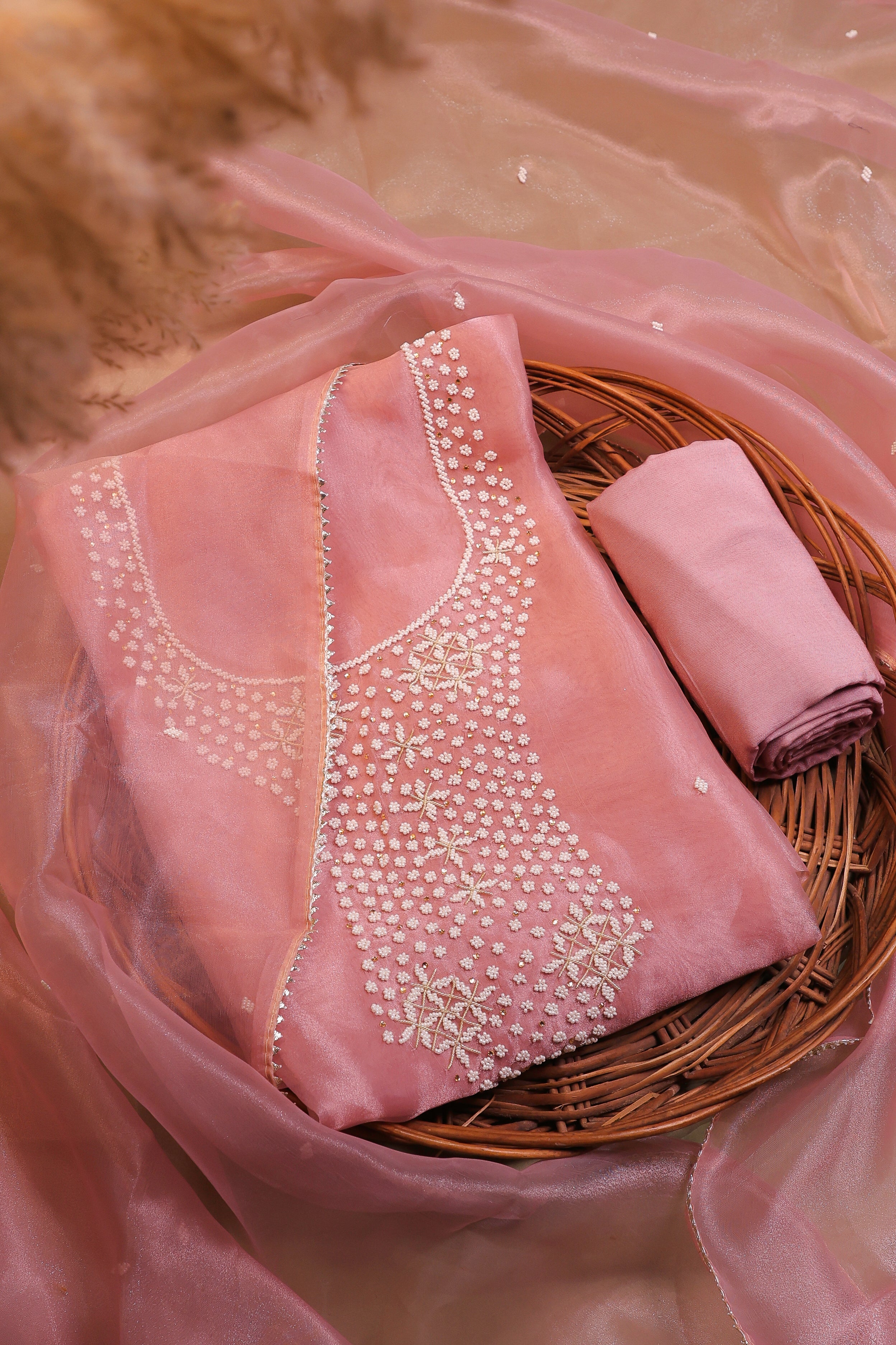 Onion Pink Unstitch Suit with Heavy Handcrafted Pearl Work and Gota Patti Lace Dupatta