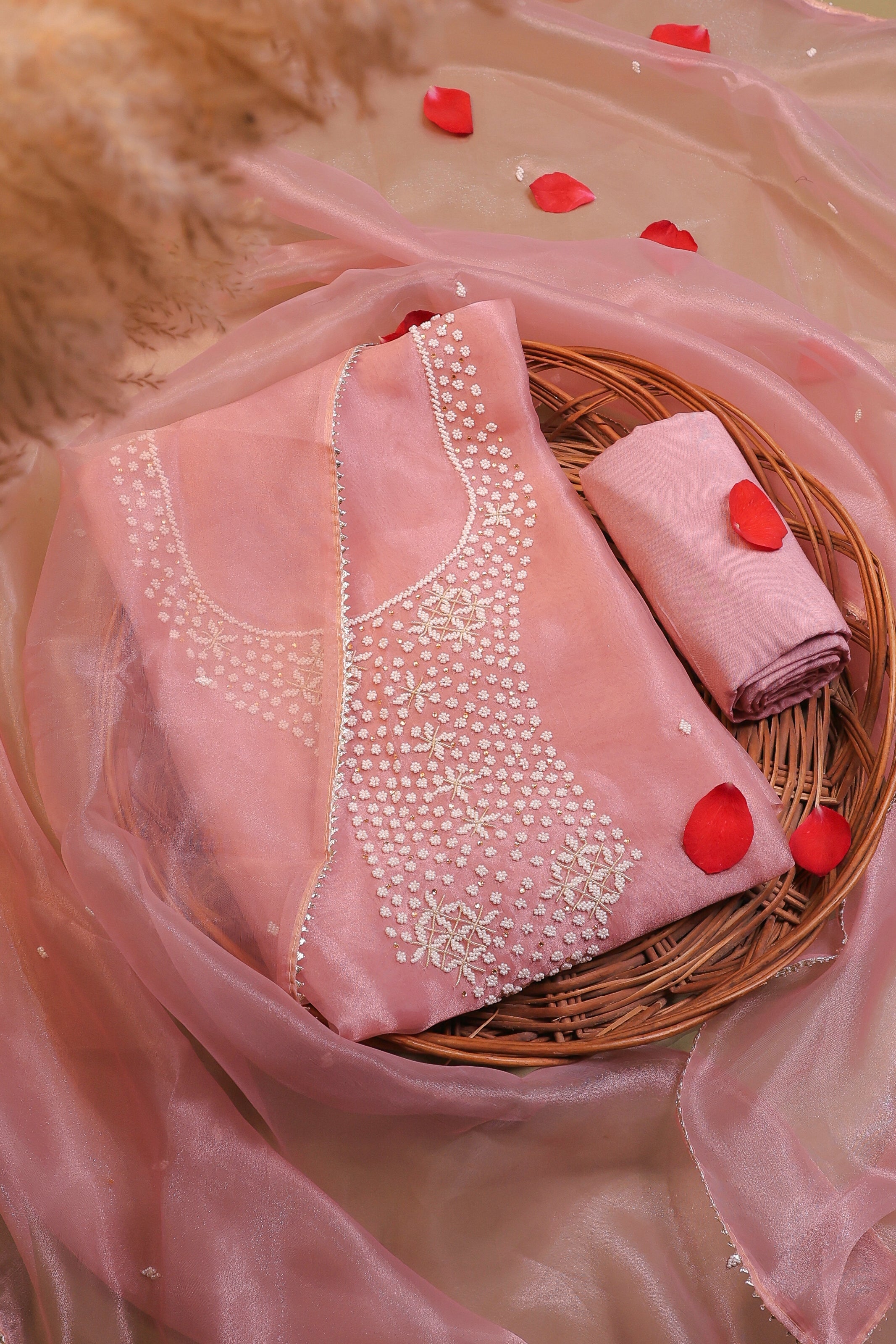 Onion Pink Unstitch Suit with Heavy Handcrafted Pearl Work and Gota Patti Lace Dupatta