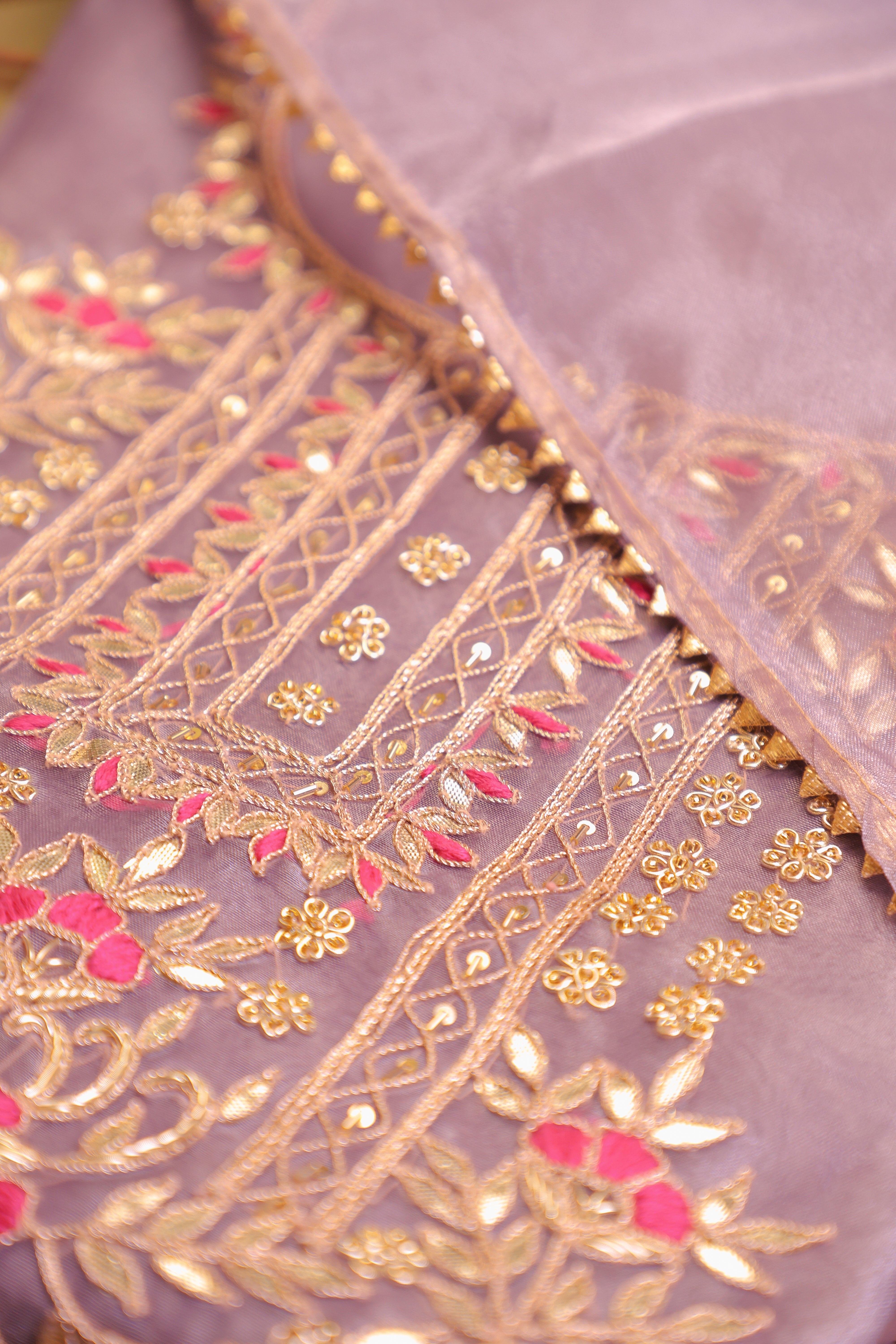 Lavender Unstitch Suit with Heavy Handcrafted Gota Patti and Rani Thread Work