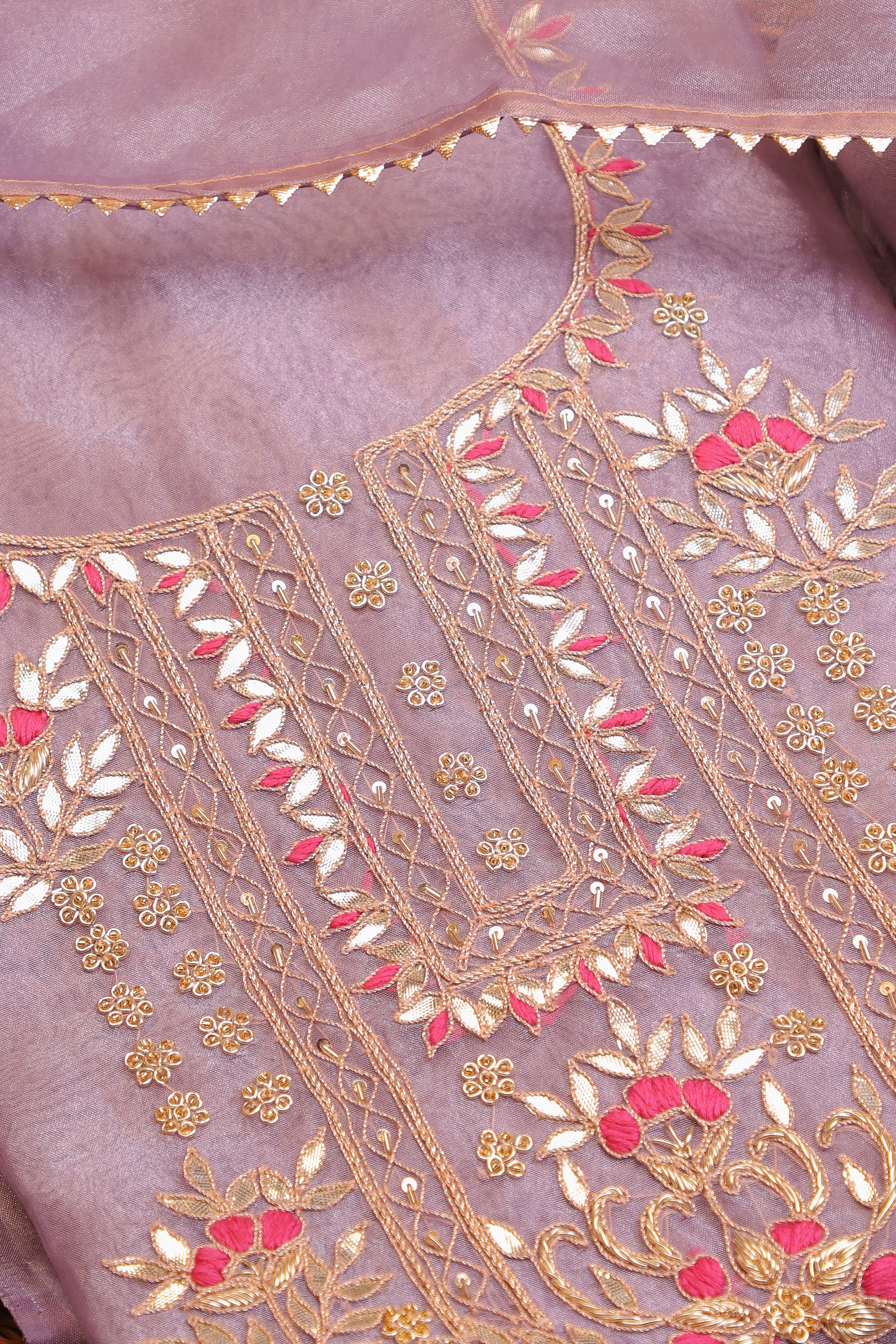 Lavender Unstitch Suit with Heavy Handcrafted Gota Patti and Rani Thread Work