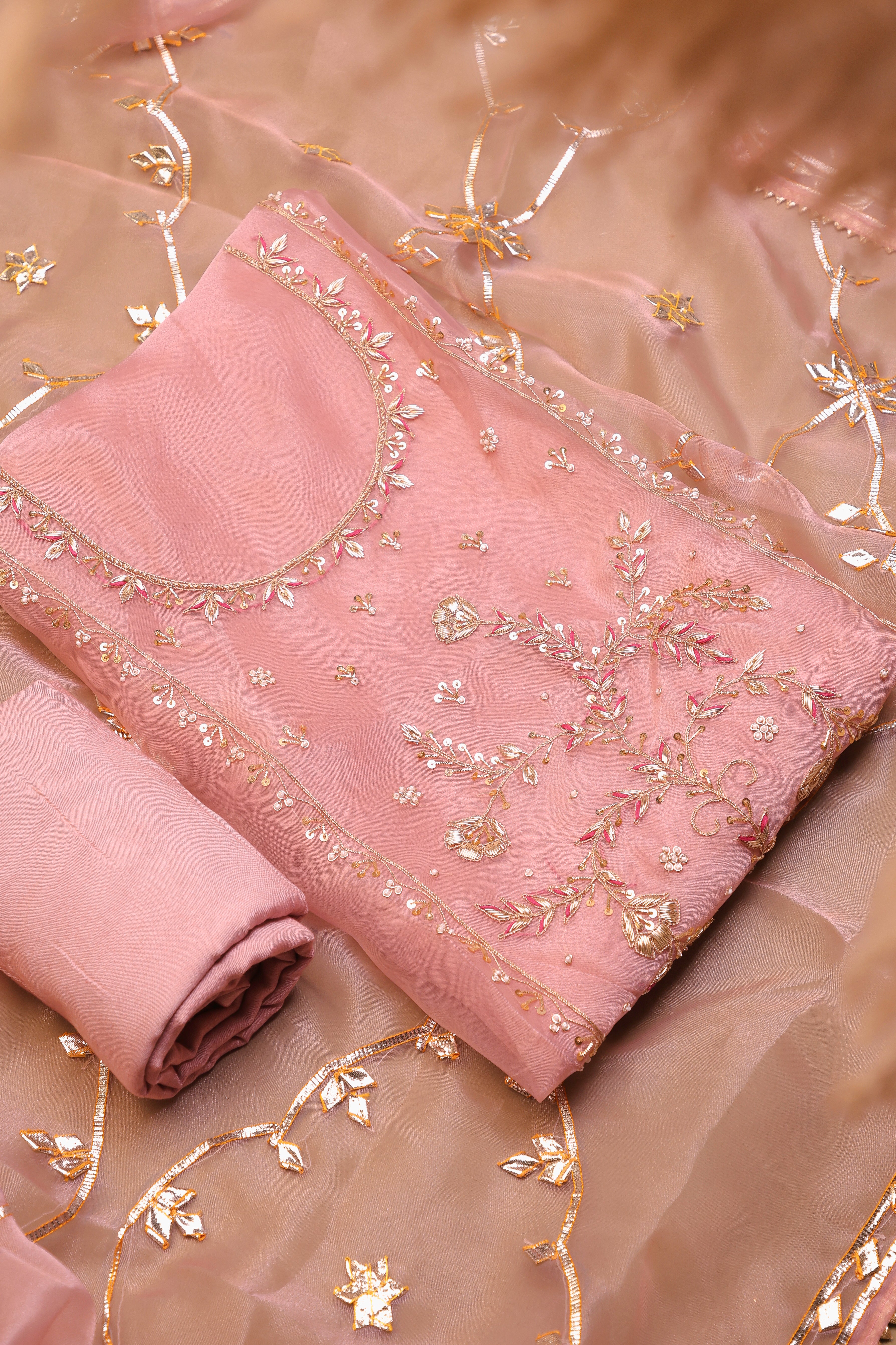 Onion Pink Unstitch Suit with Heavy Handcrafted Zardozi and Gota Patti Work