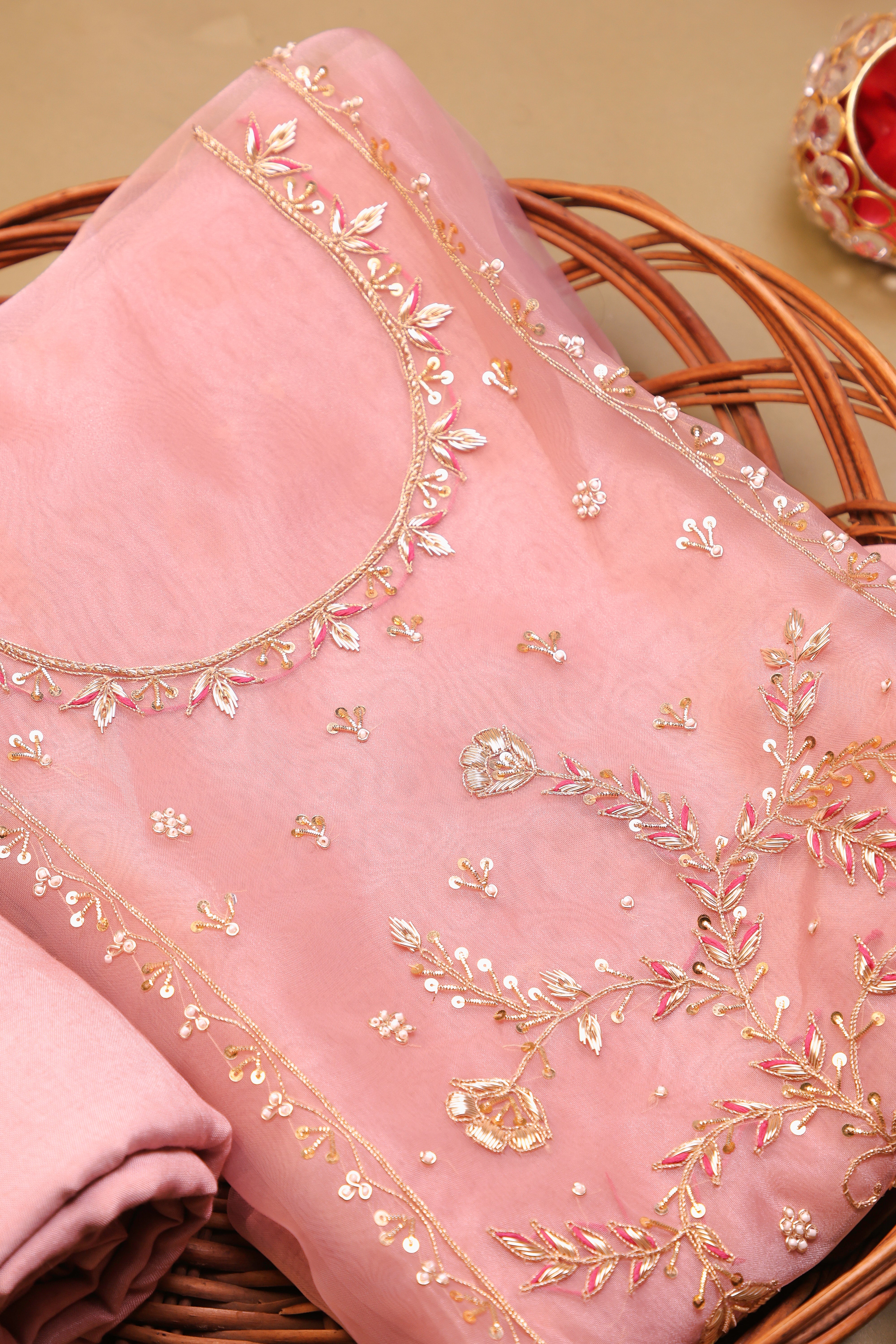 Onion Pink Unstitch Suit with Heavy Handcrafted Zardozi and Gota Patti Work