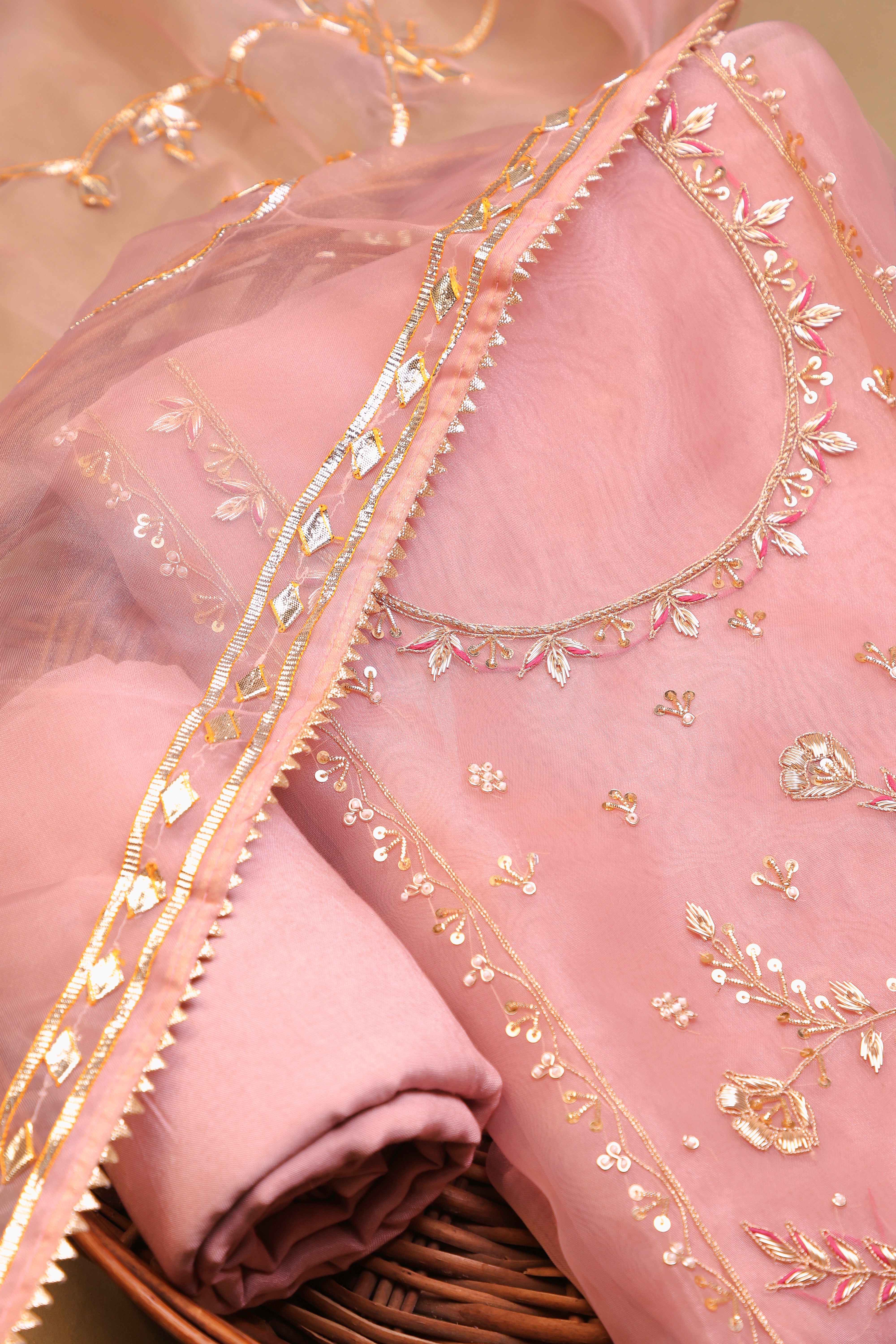 Onion Pink Unstitch Suit with Heavy Handcrafted Zardozi and Gota Patti Work