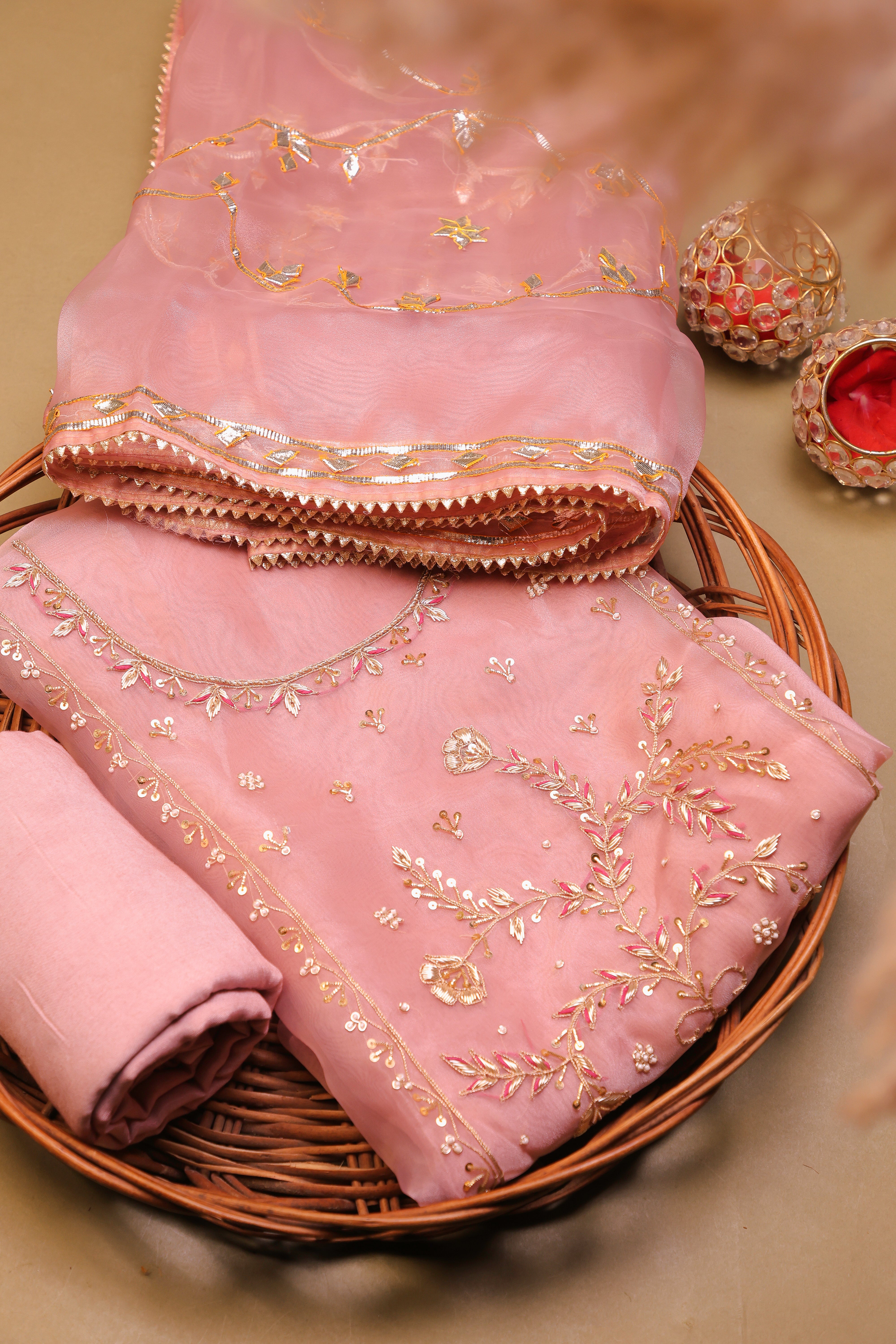 Onion Pink Unstitch Suit with Heavy Handcrafted Zardozi and Gota Patti Work
