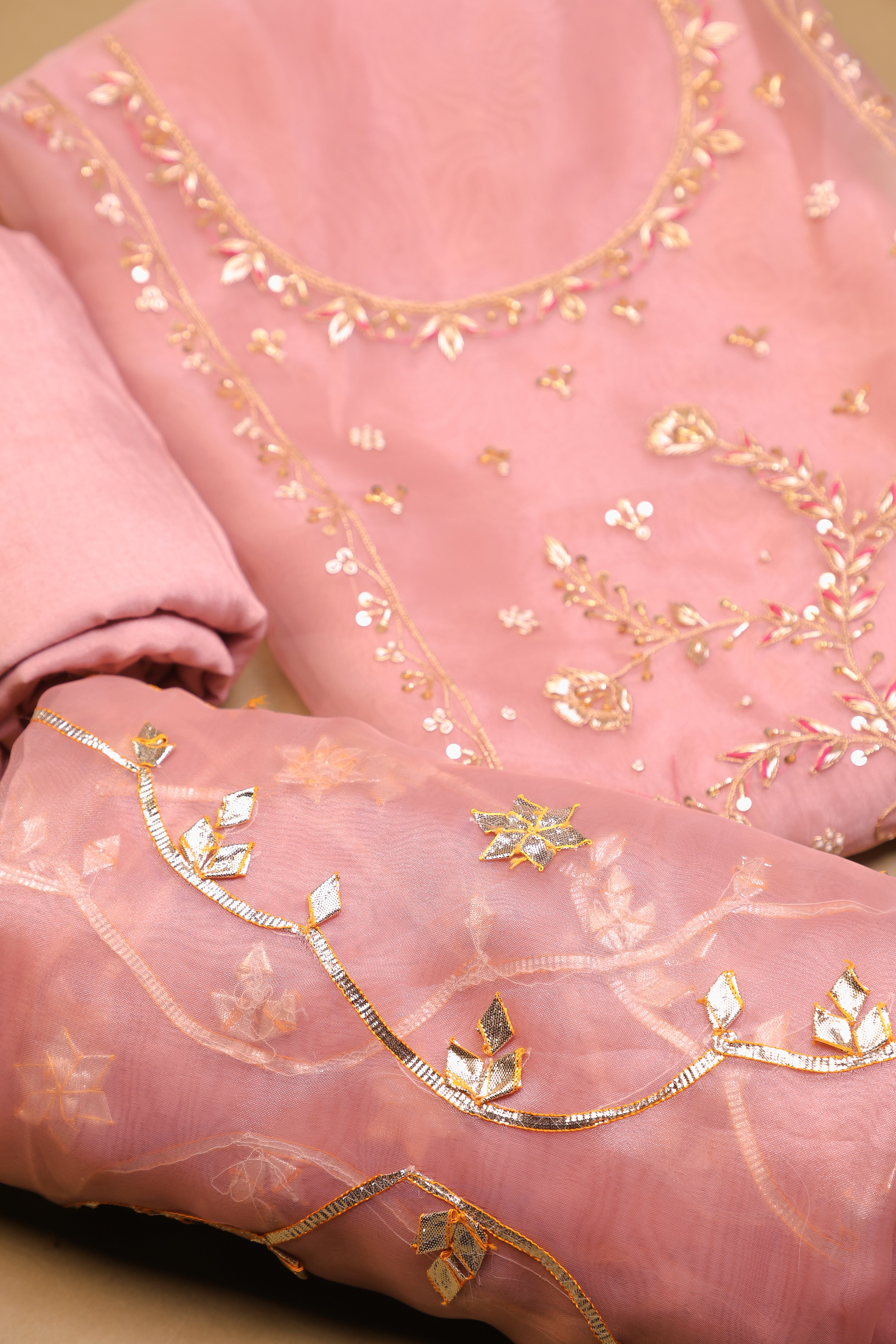 Onion Pink Unstitch Suit with Heavy Handcrafted Zardozi and Gota Patti Work