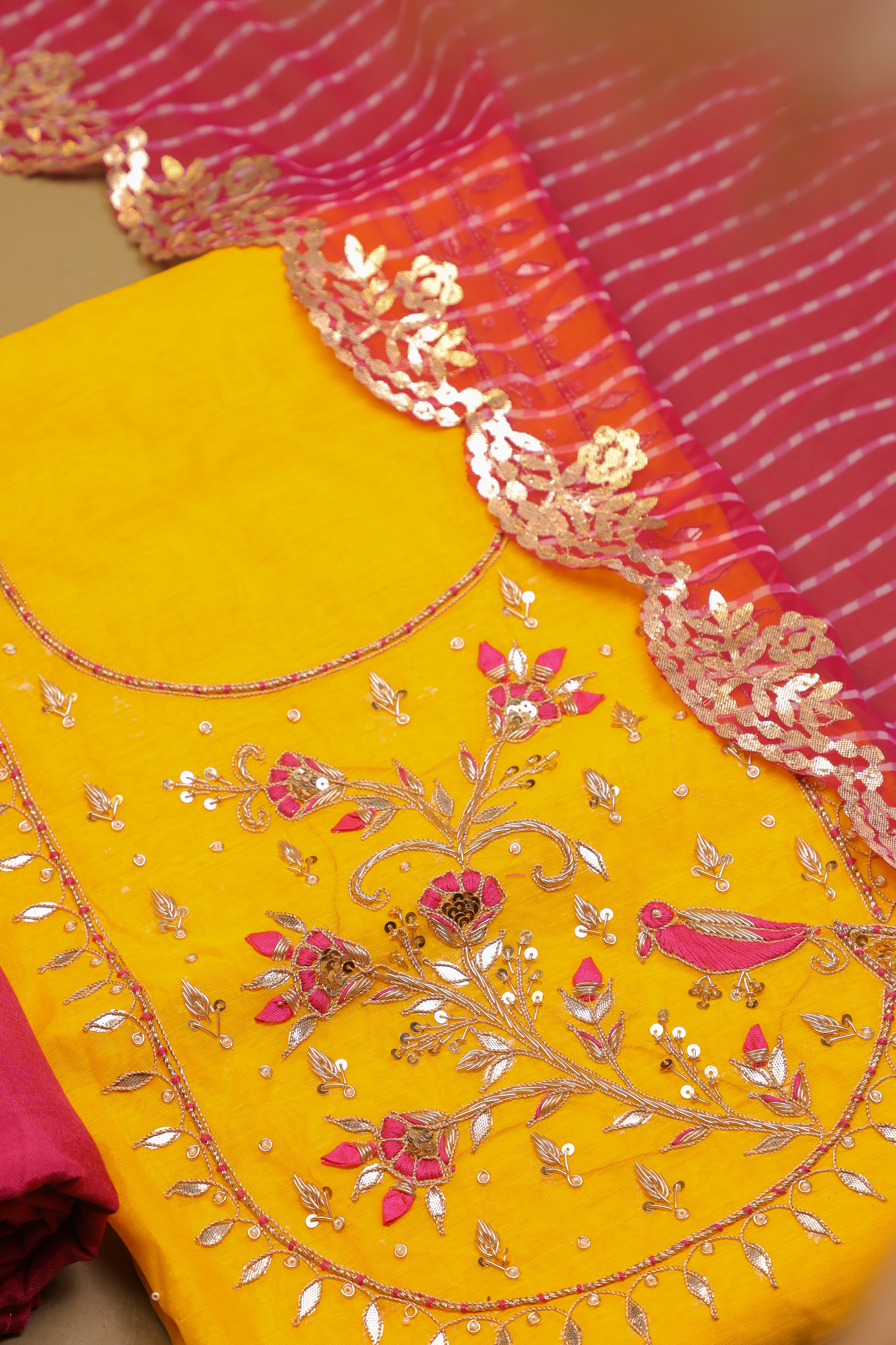 Haldi Color Unstitch Suit with Handcrafted Zardozi, Rani Thread Peacock Work and Lahariya Dupatta