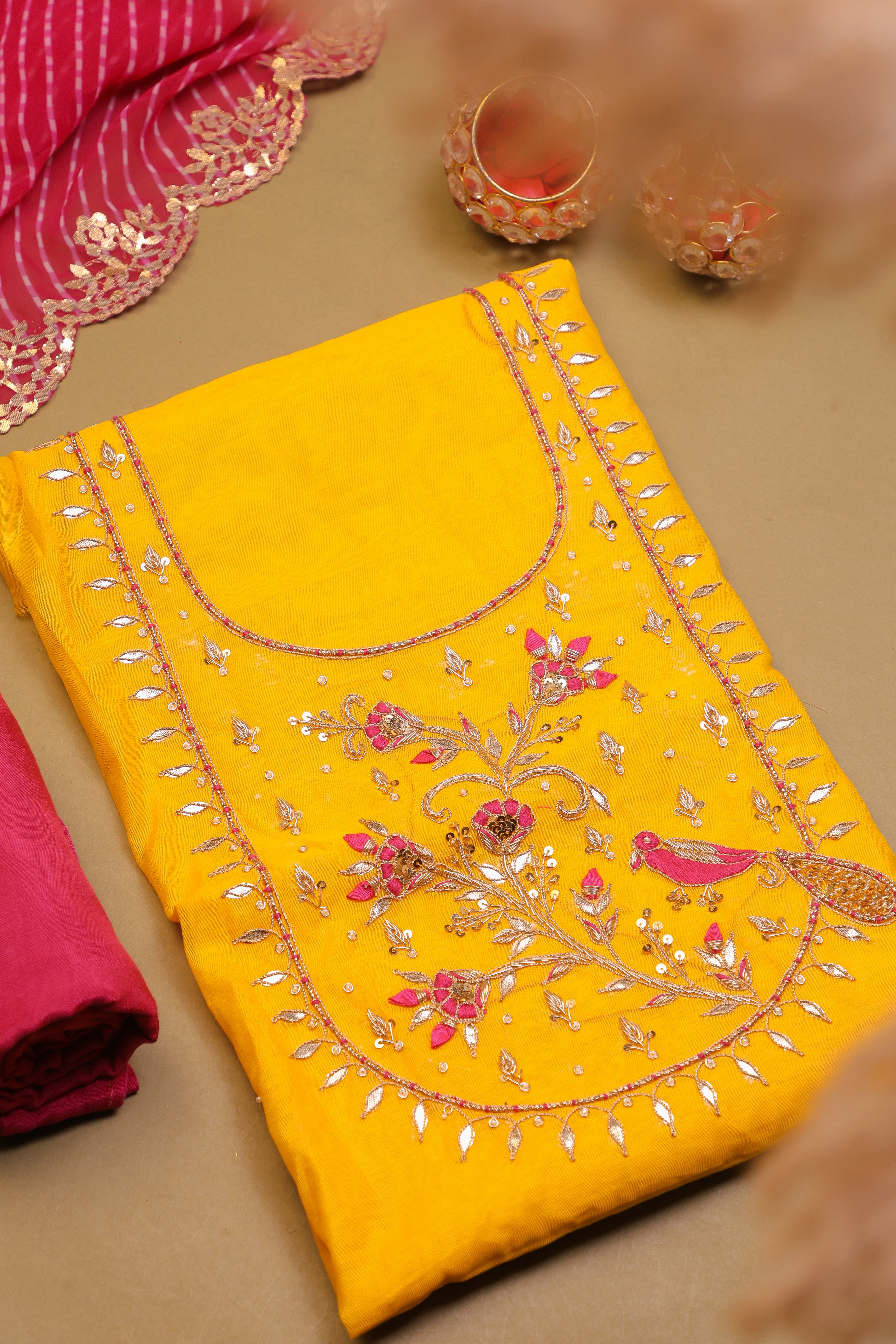 Haldi Color Unstitch Suit with Handcrafted Zardozi, Rani Thread Peacock Work and Lahariya Dupatta