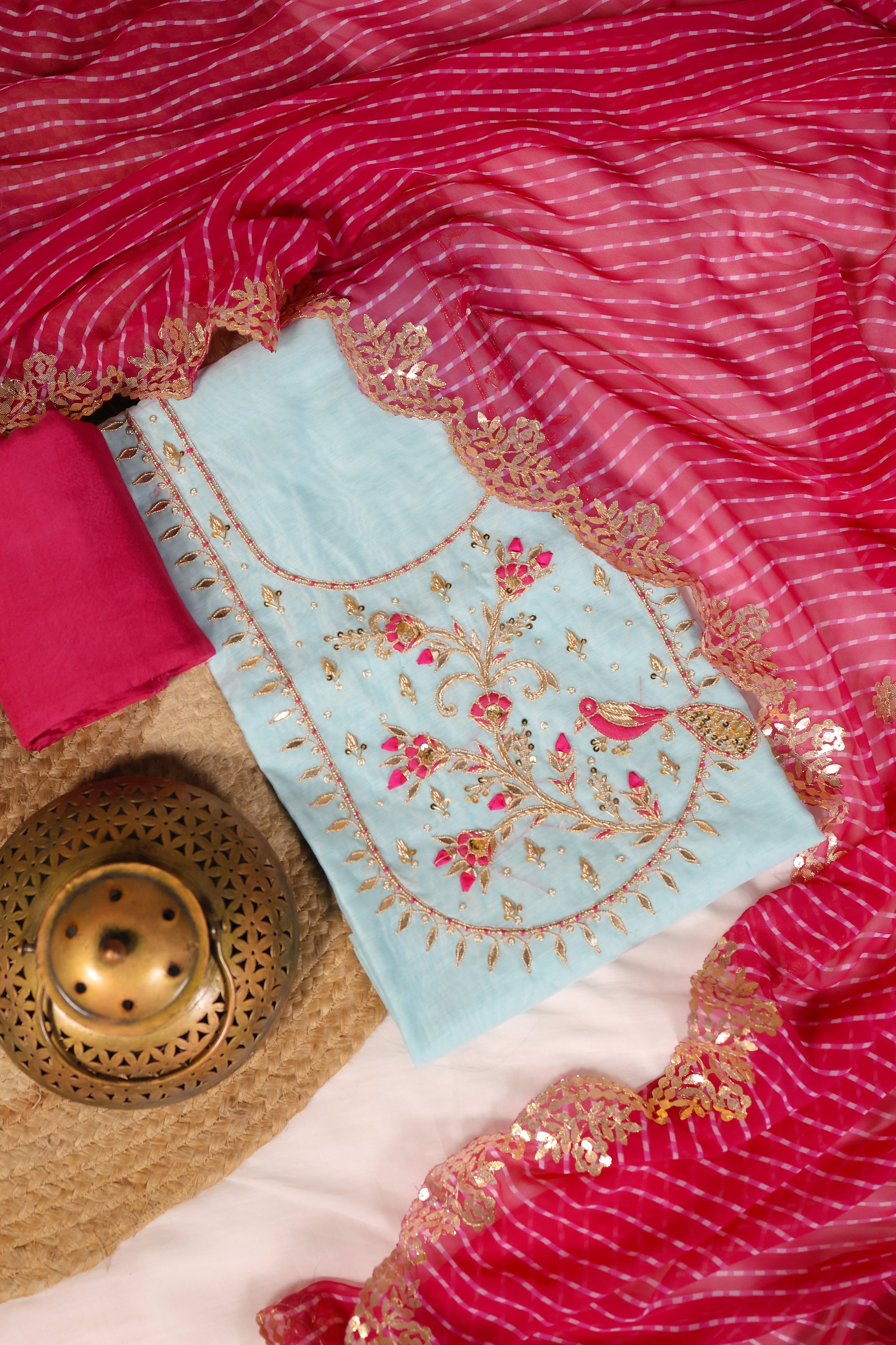 Sky Blue Unstitch Suit with Handcrafted Zardozi, Rani Thread Peacock Work and Lahariya Dupatta