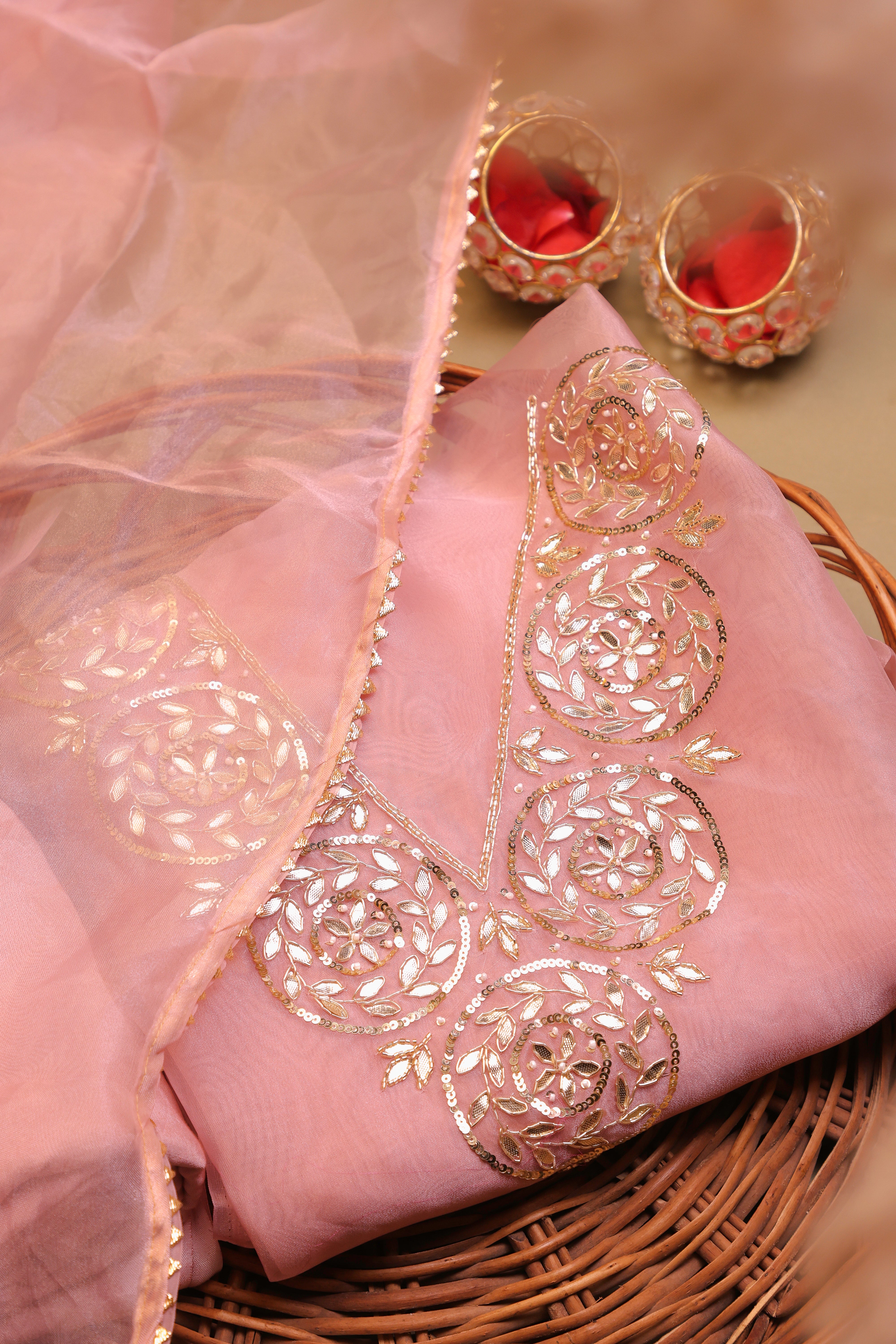 Onion Pink Unstitch Suit with Handcrafted Heavy Gota Patti Work and Lace Dupatta