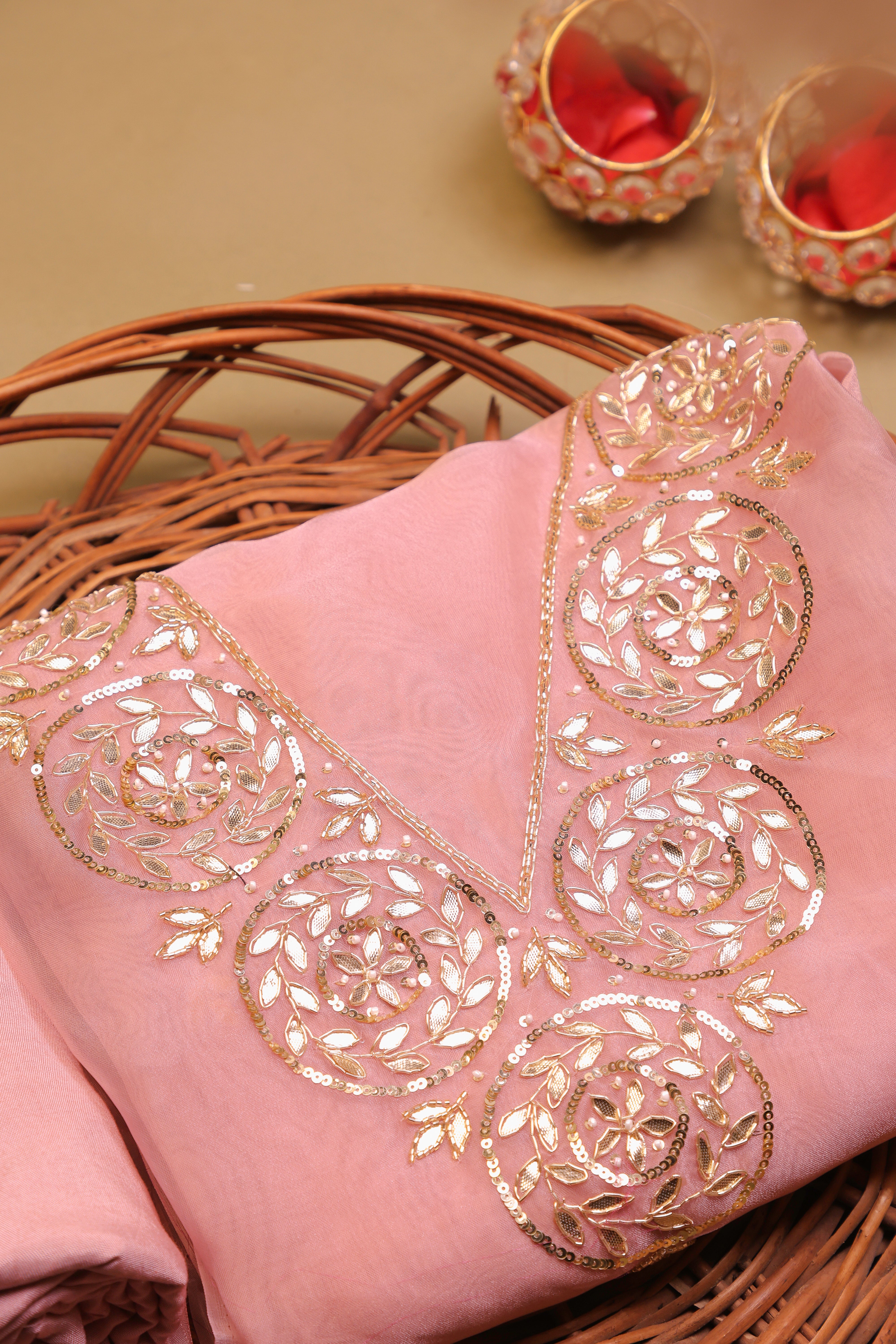 Onion Pink Unstitch Suit with Handcrafted Heavy Gota Patti Work and Lace Dupatta
