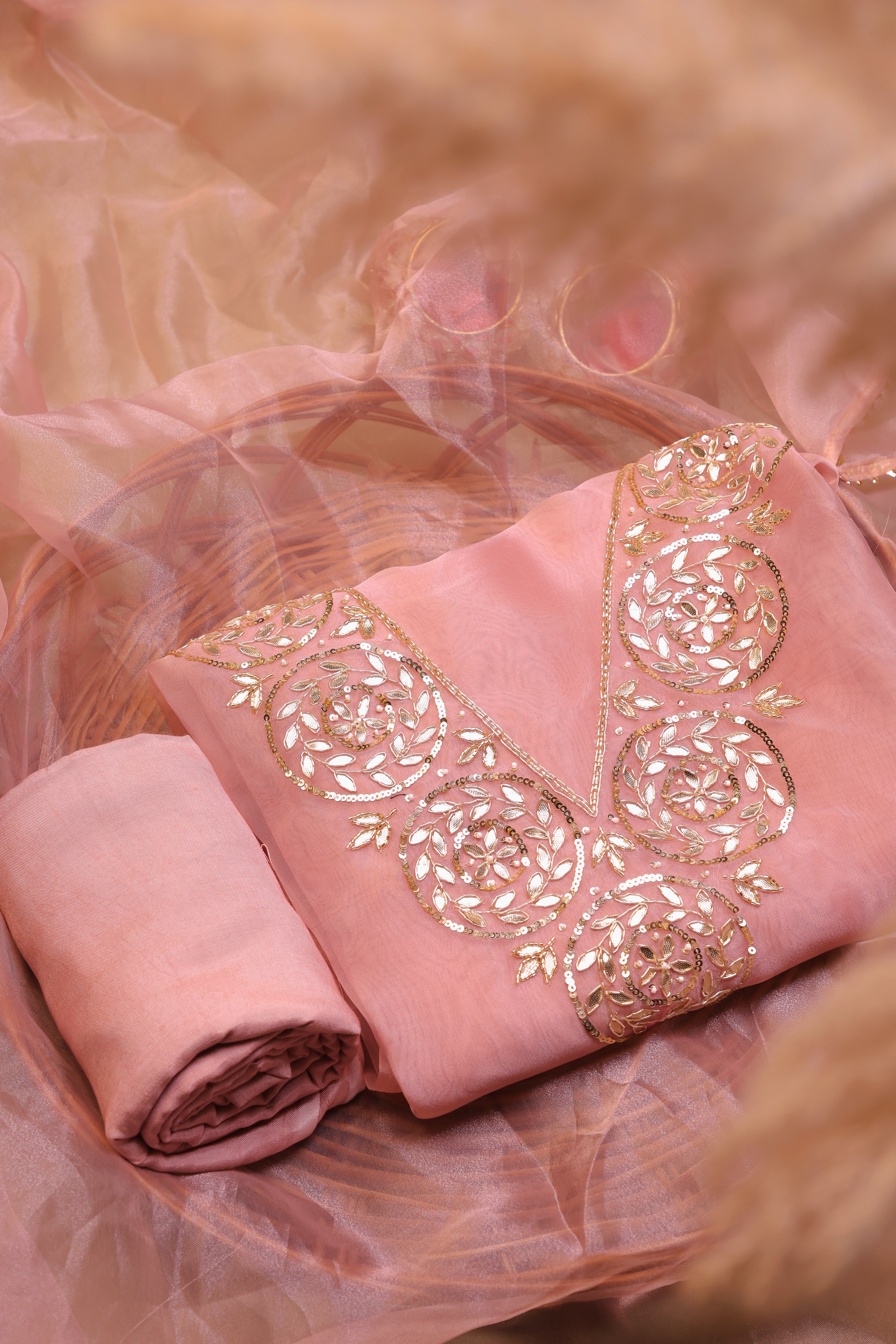 Onion Pink Unstitch Suit with Handcrafted Heavy Gota Patti Work and Lace Dupatta