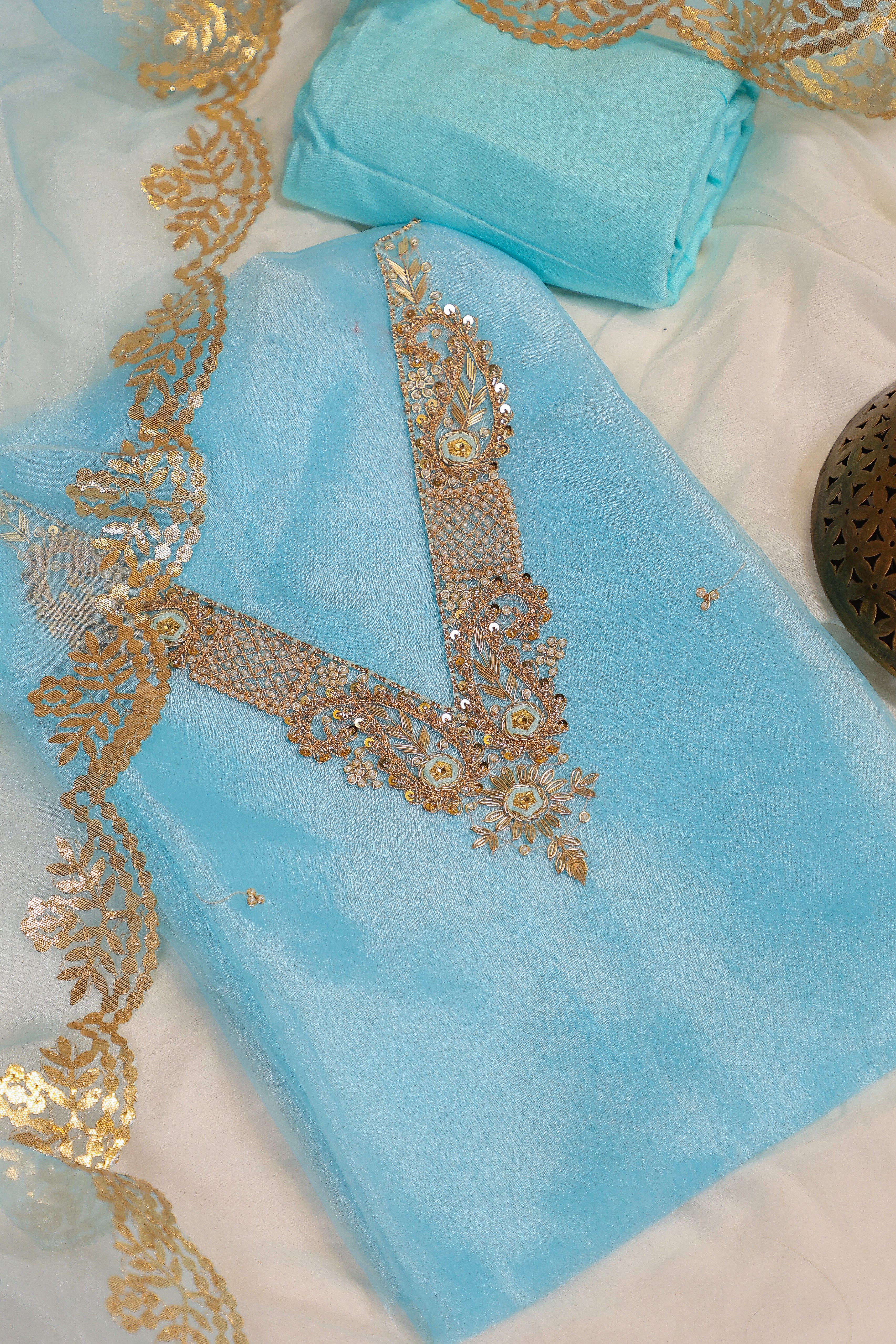 Sky Blue Unstitch Suit with V-Neck Handcrafted Zardozi, Thread Work and Patra Gota Patti Dupatta