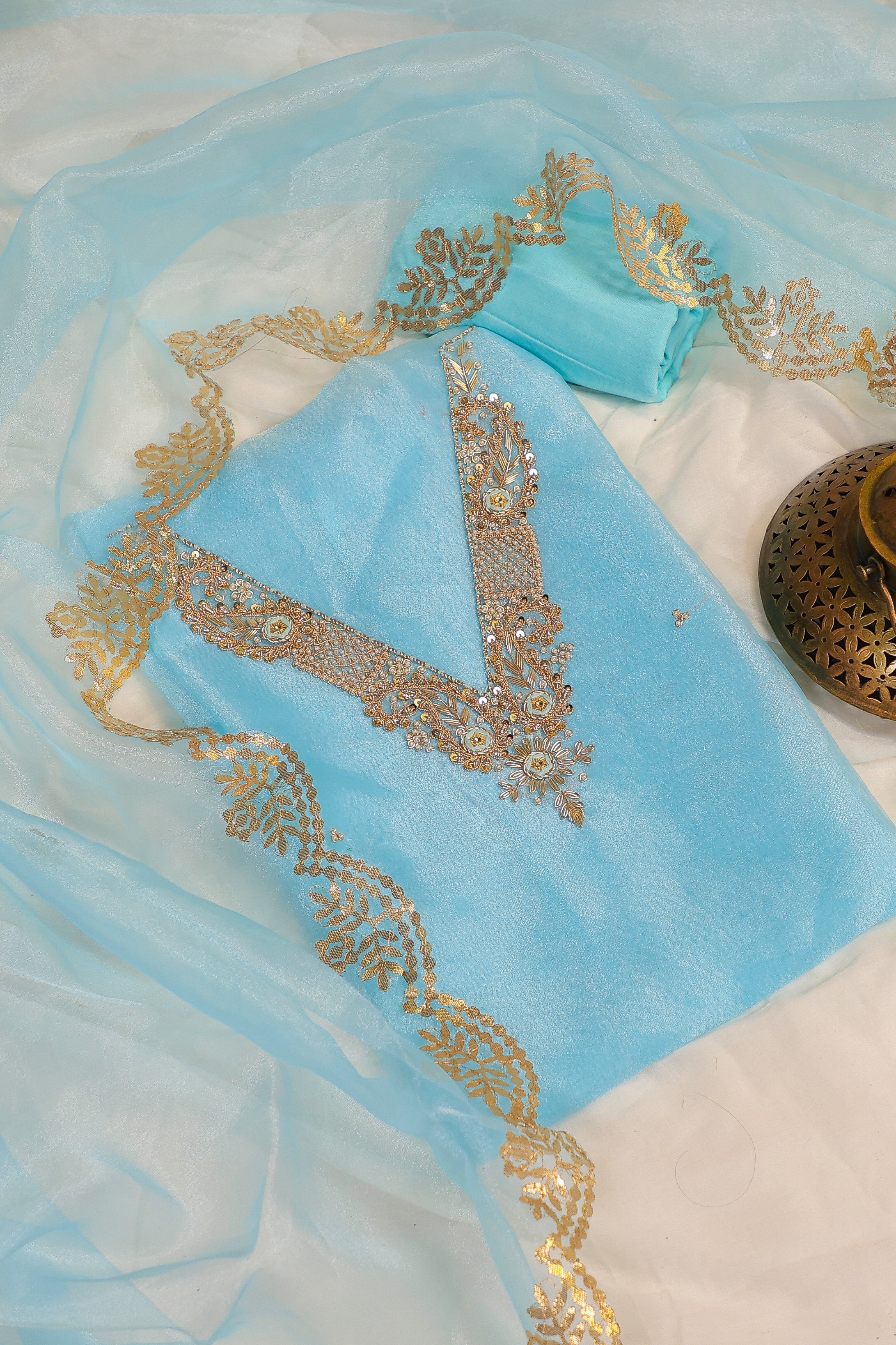 Sky Blue Unstitch Suit with V-Neck Handcrafted Zardozi, Thread Work and Patra Gota Patti Dupatta