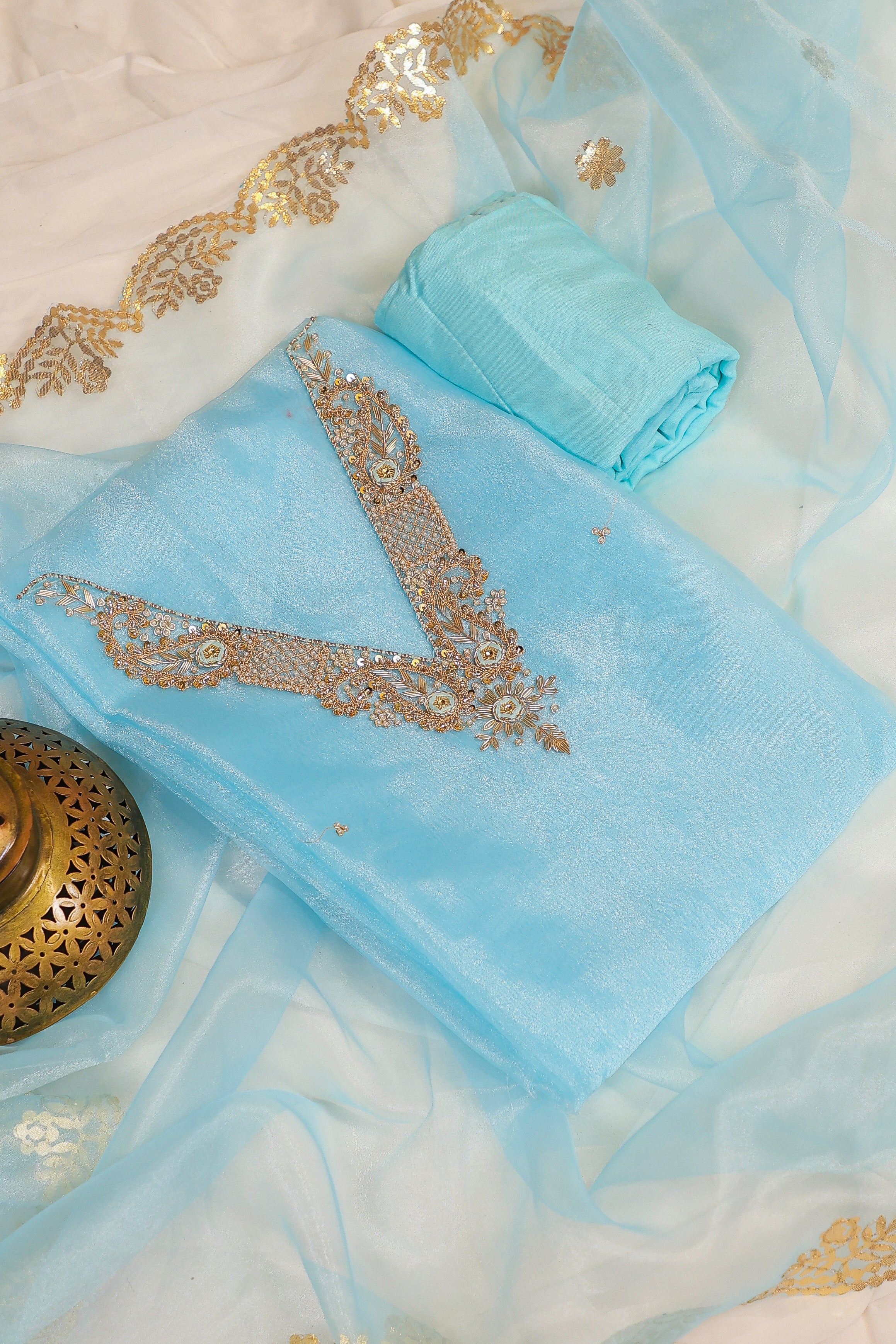 Sky Blue Unstitch Suit with V-Neck Handcrafted Zardozi, Thread Work and Patra Gota Patti Dupatta