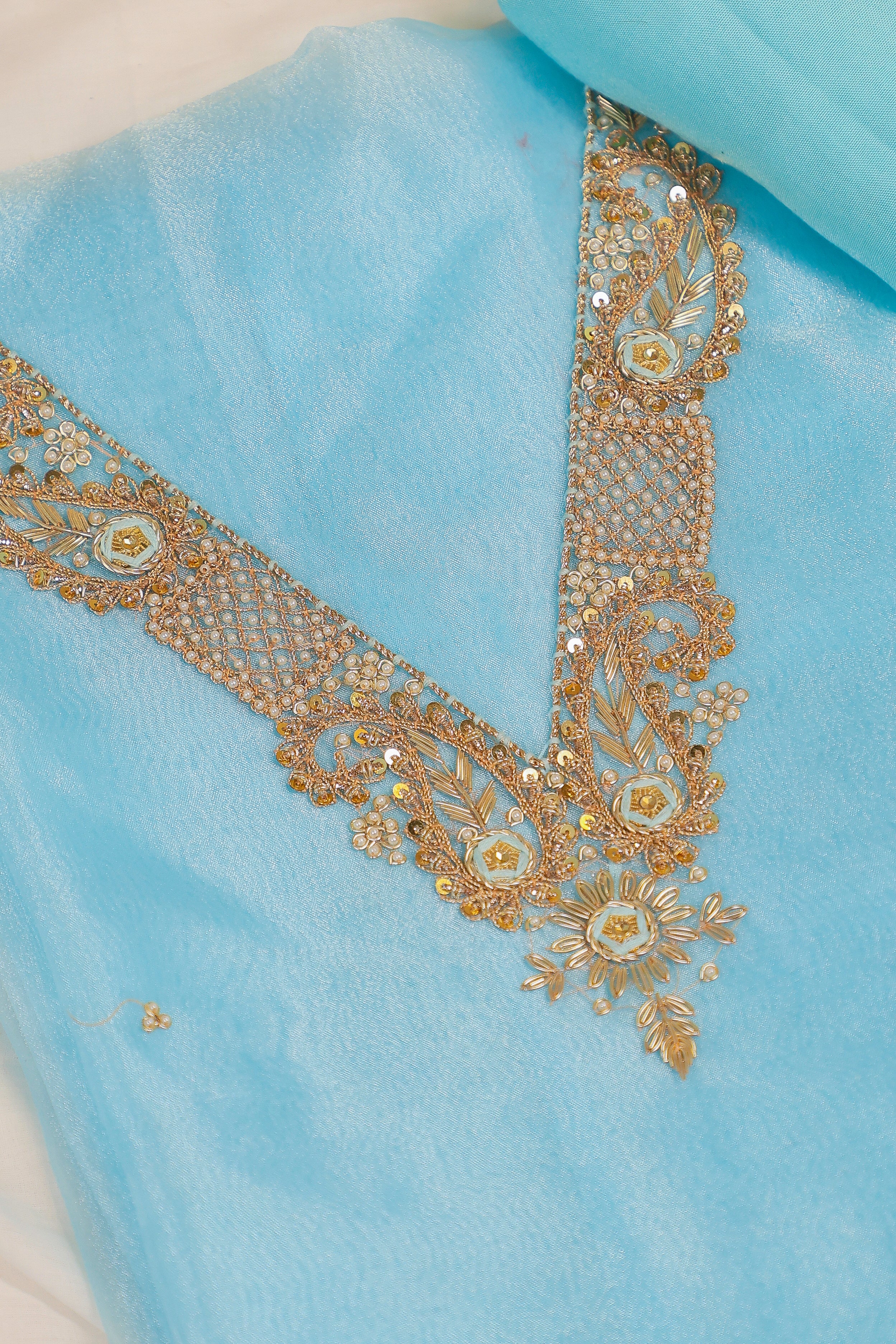 Sky Blue Unstitch Suit with V-Neck Handcrafted Zardozi, Thread Work and Patra Gota Patti Dupatta