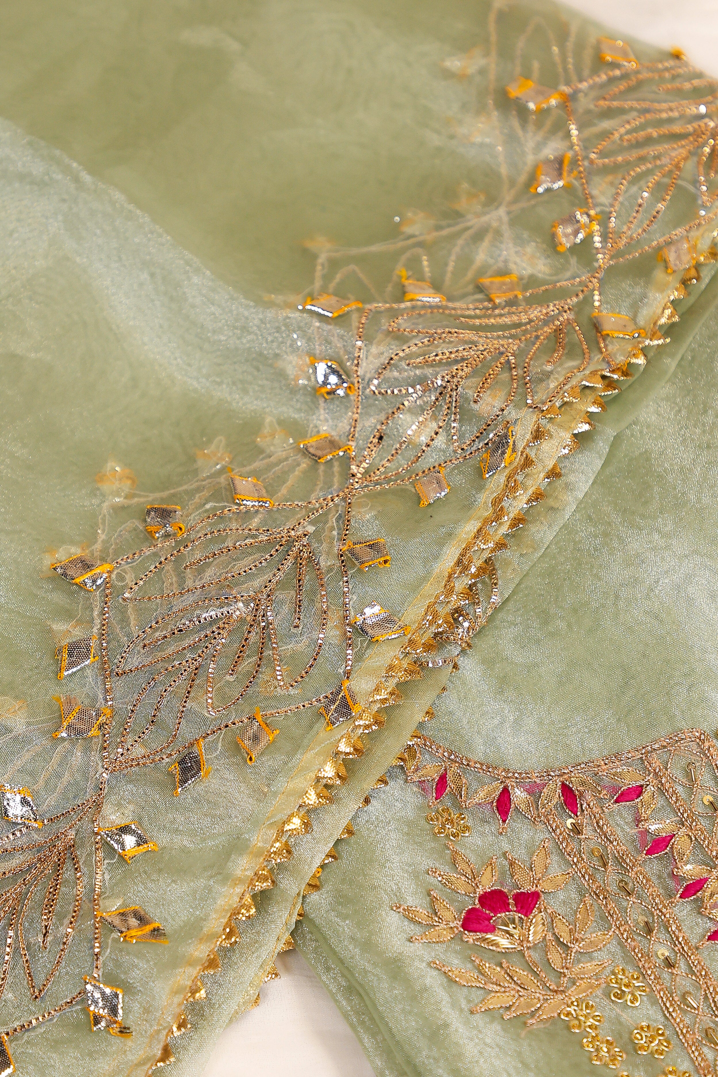 Pista Green Unstitch Suit with Heavy Gota Patti and Rani Thread Work