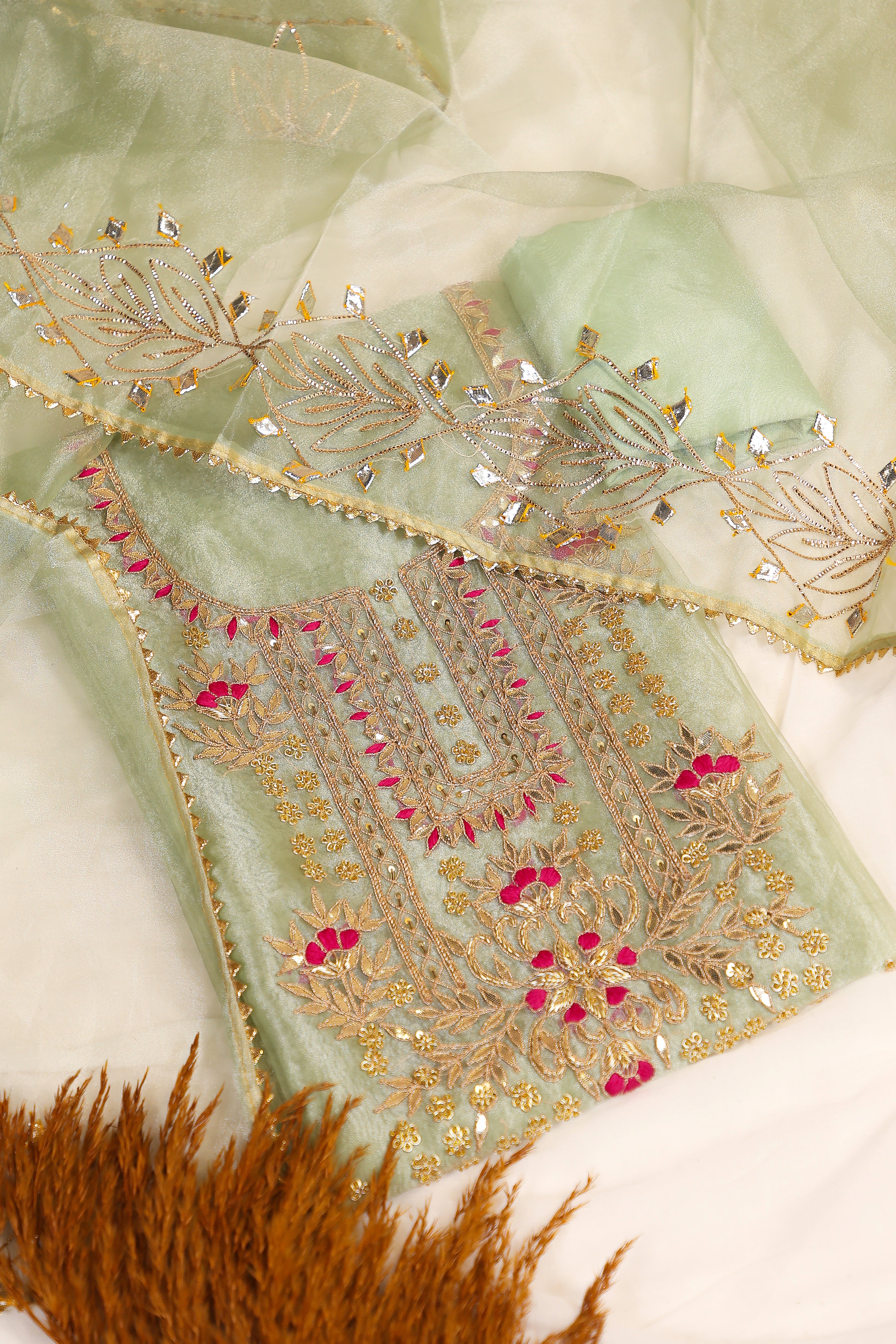 Pista Green Unstitch Suit with Heavy Gota Patti and Rani Thread Work