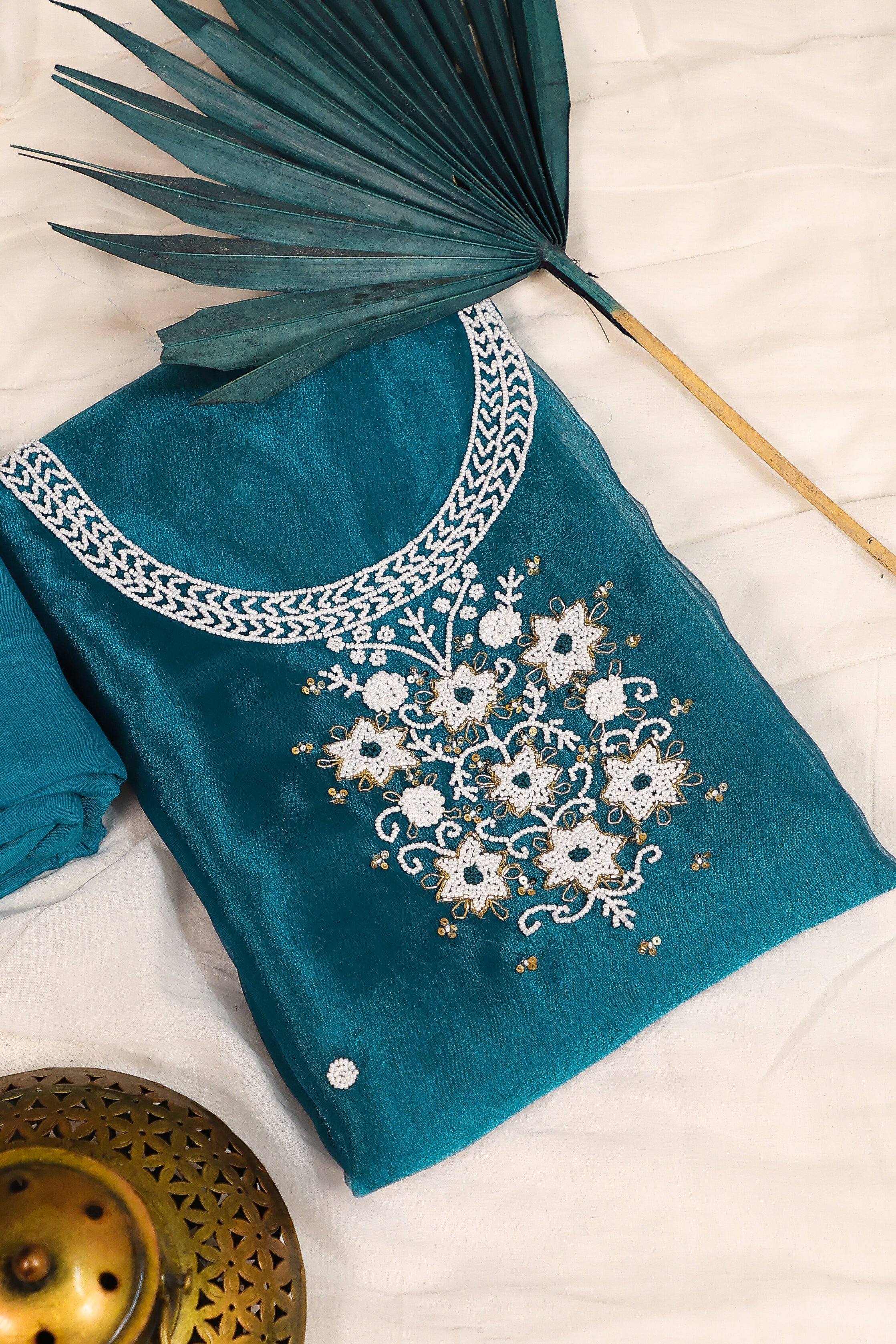 Dark Teal Blue Unstitch Suit with Heavy Pearl Handwork