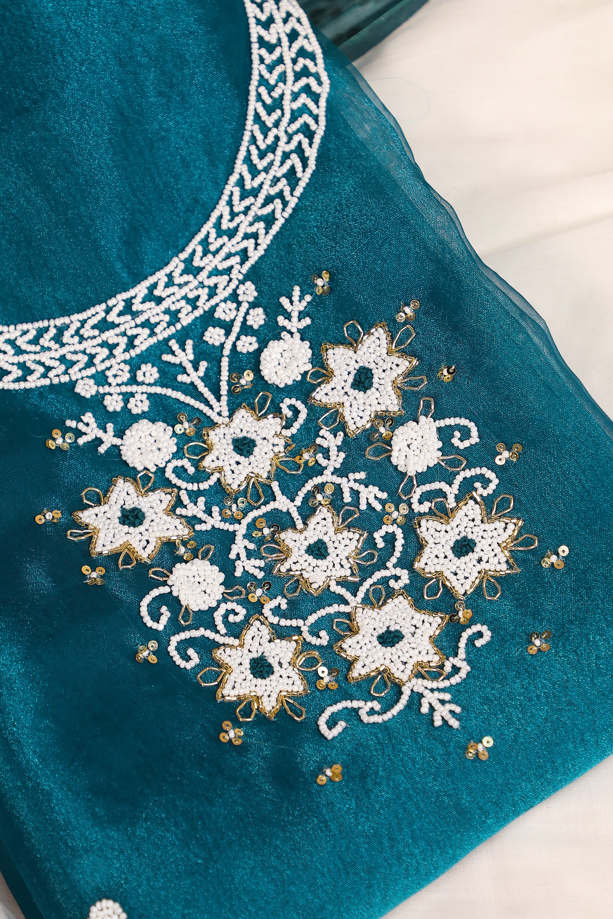 Dark Teal Blue Unstitch Suit with Heavy Pearl Handwork