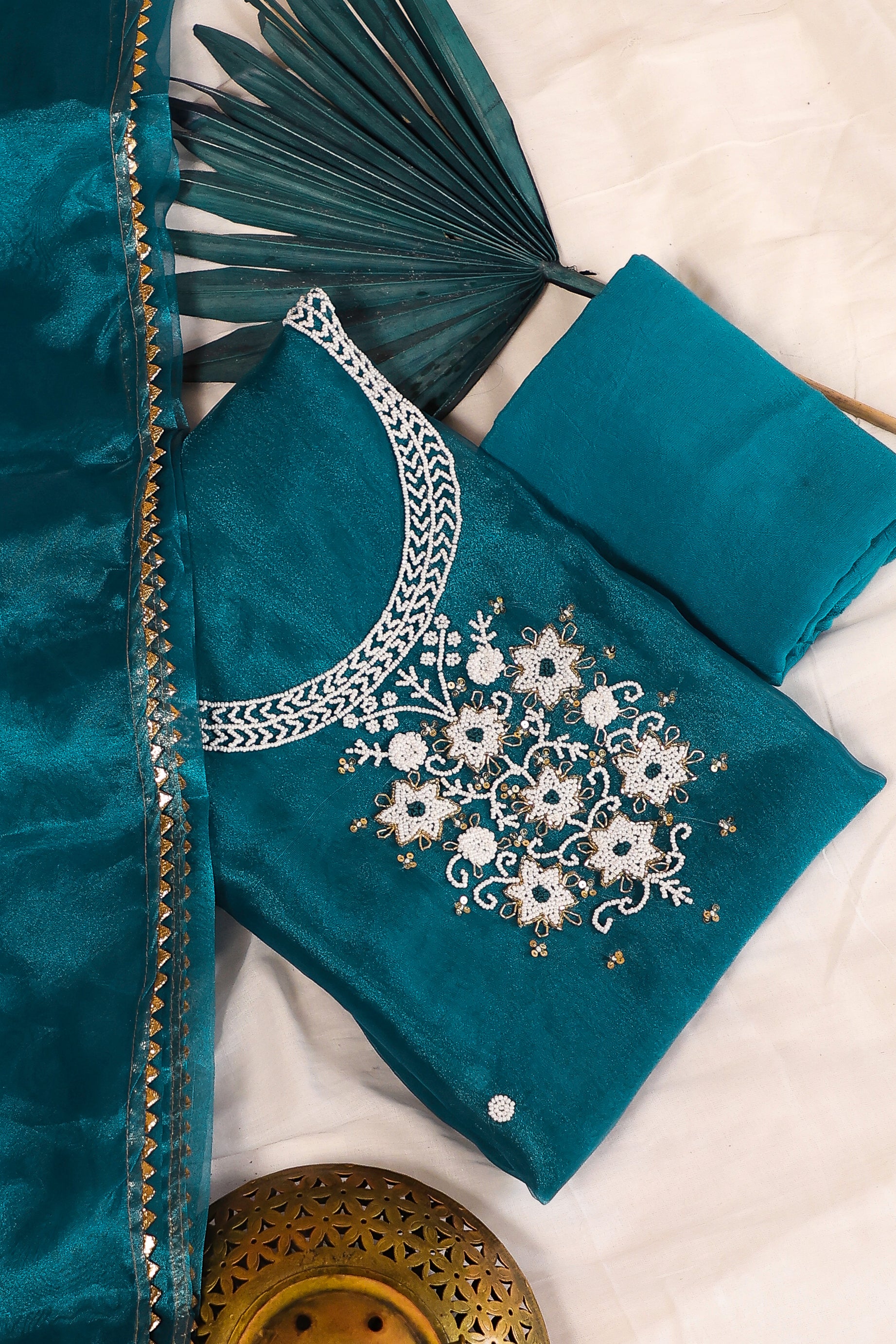 Dark Teal Blue Unstitch Suit with Heavy Pearl Handwork