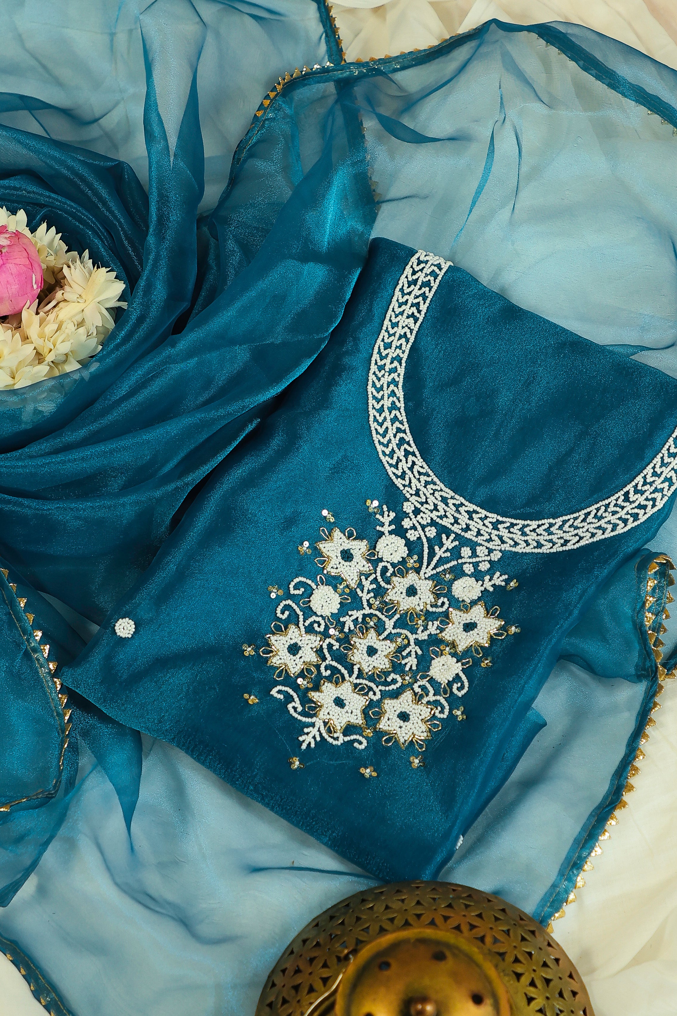 Dark Teal Blue Unstitch Suit with Heavy Pearl Handwork