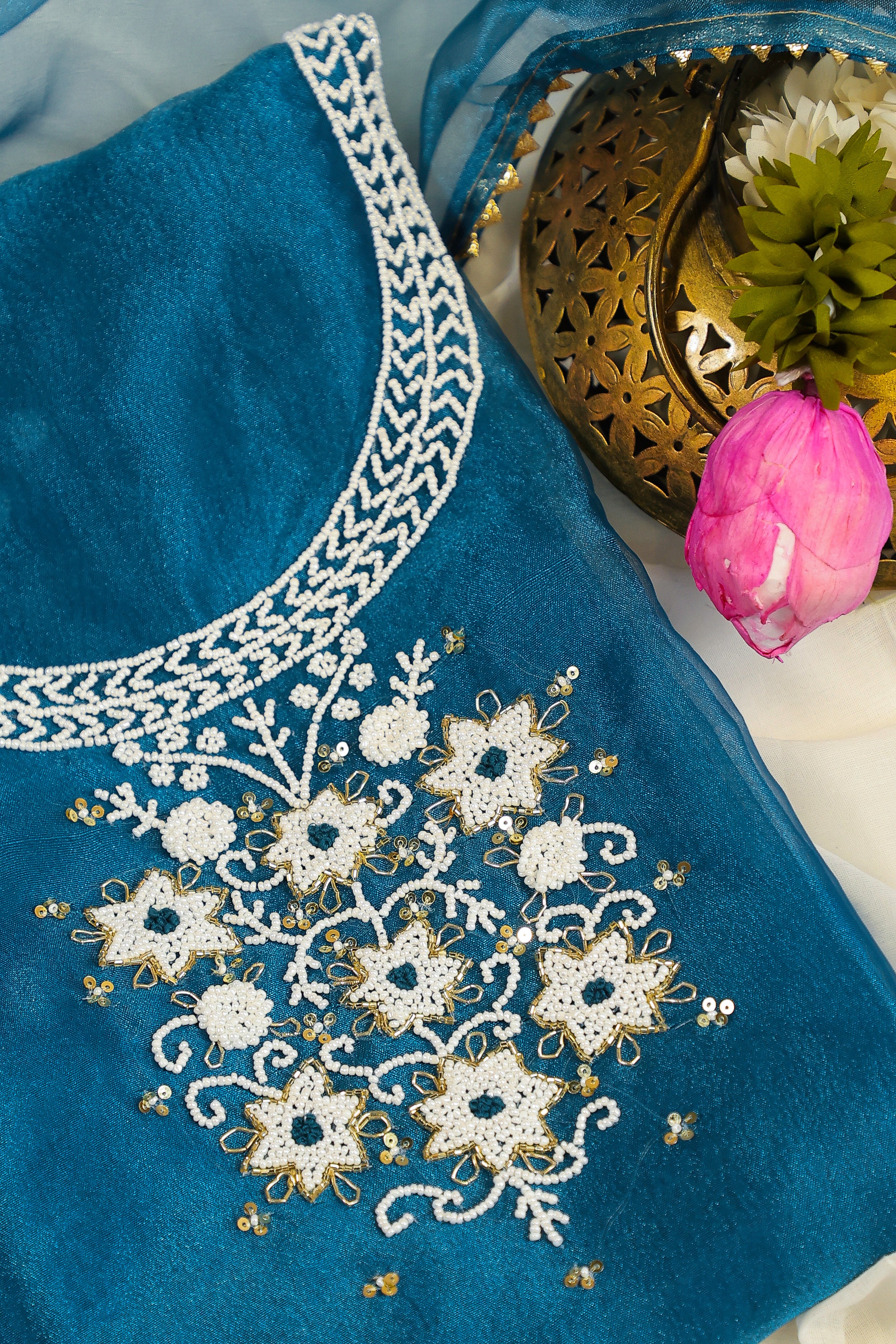 Dark Teal Blue Unstitch Suit with Heavy Pearl Handwork