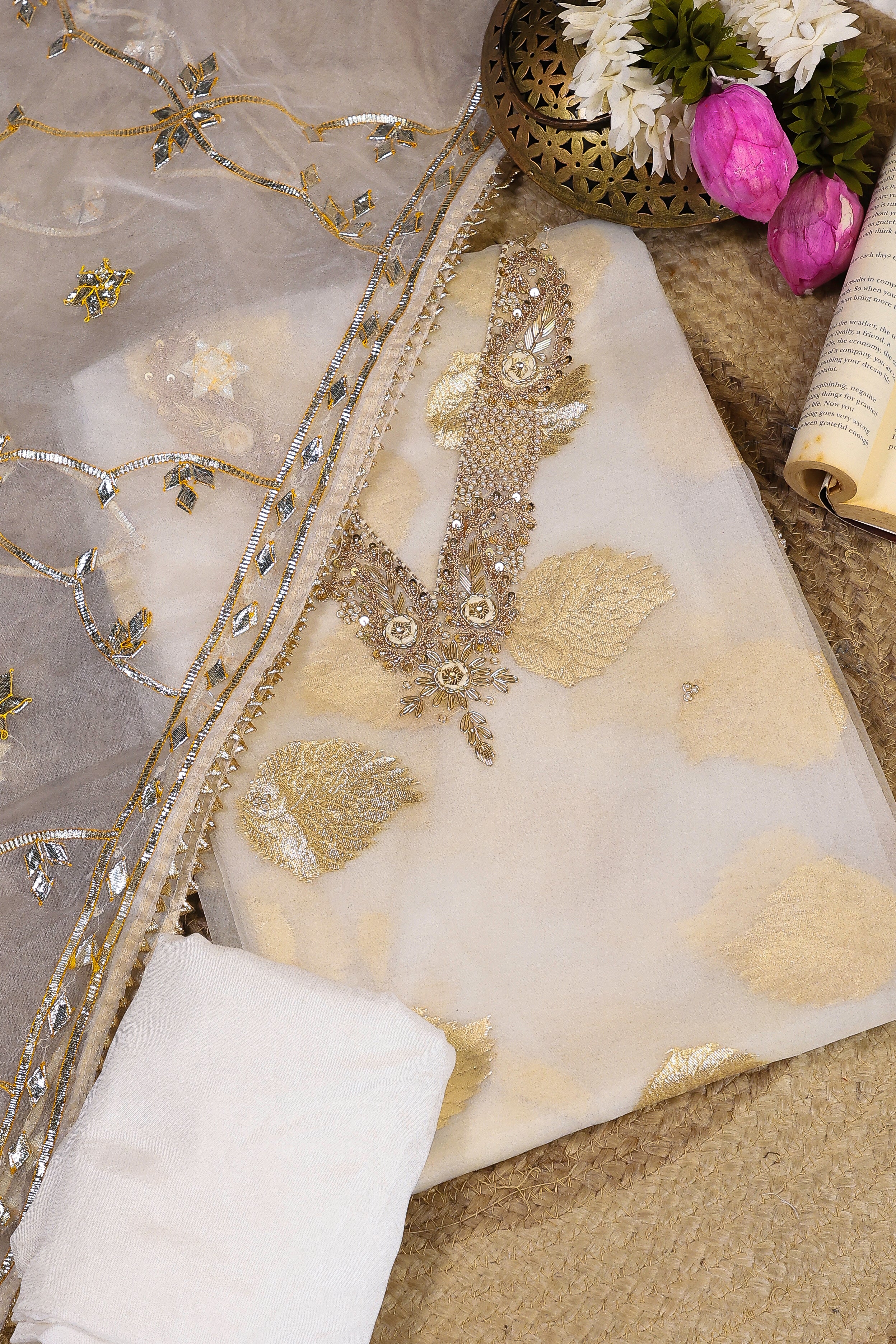 Off White Unstitch Suit with V-Neck Handcrafted Zardozi and Heavy Gota Patti Work