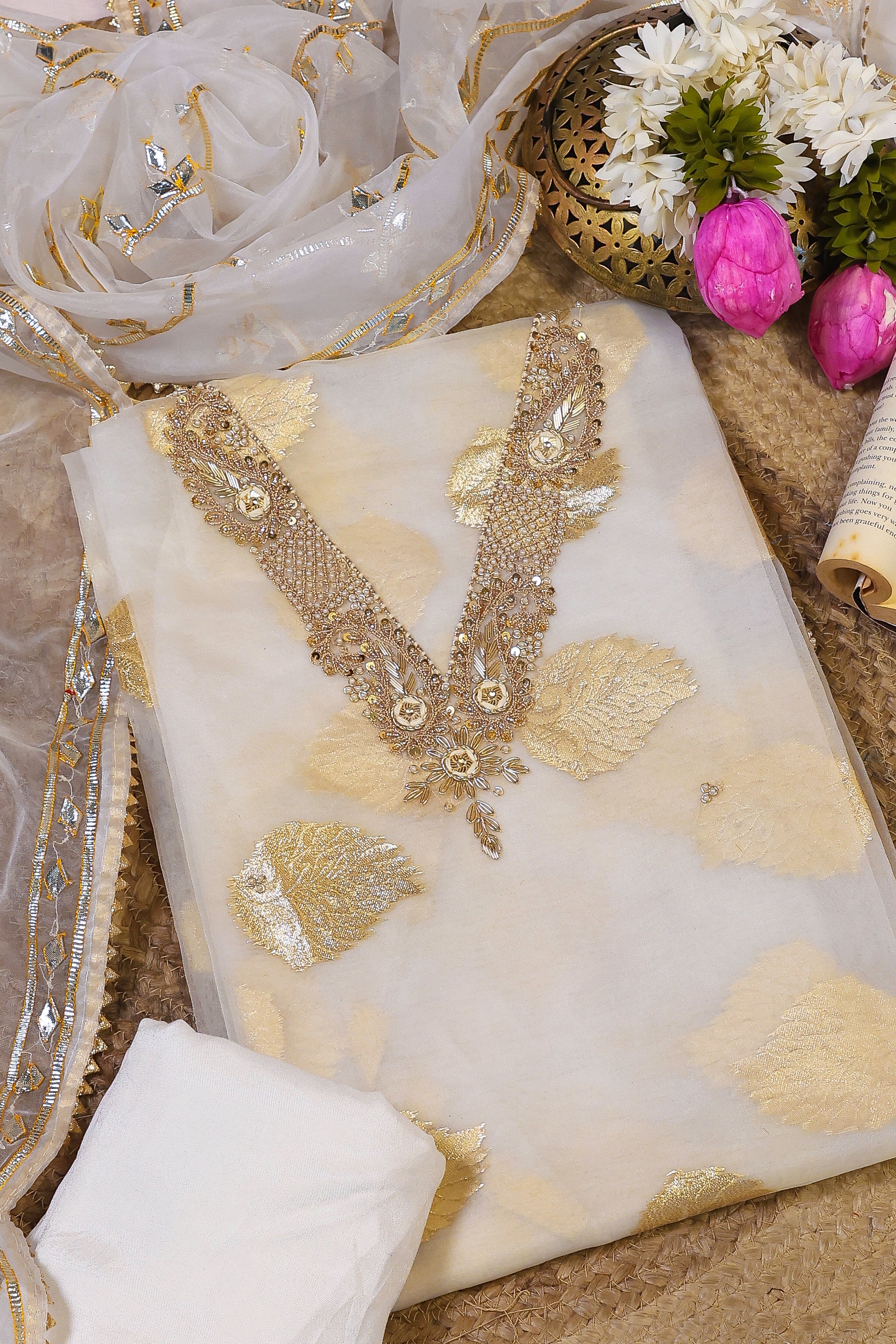 Off White Unstitch Suit with V-Neck Handcrafted Zardozi and Heavy Gota Patti Work