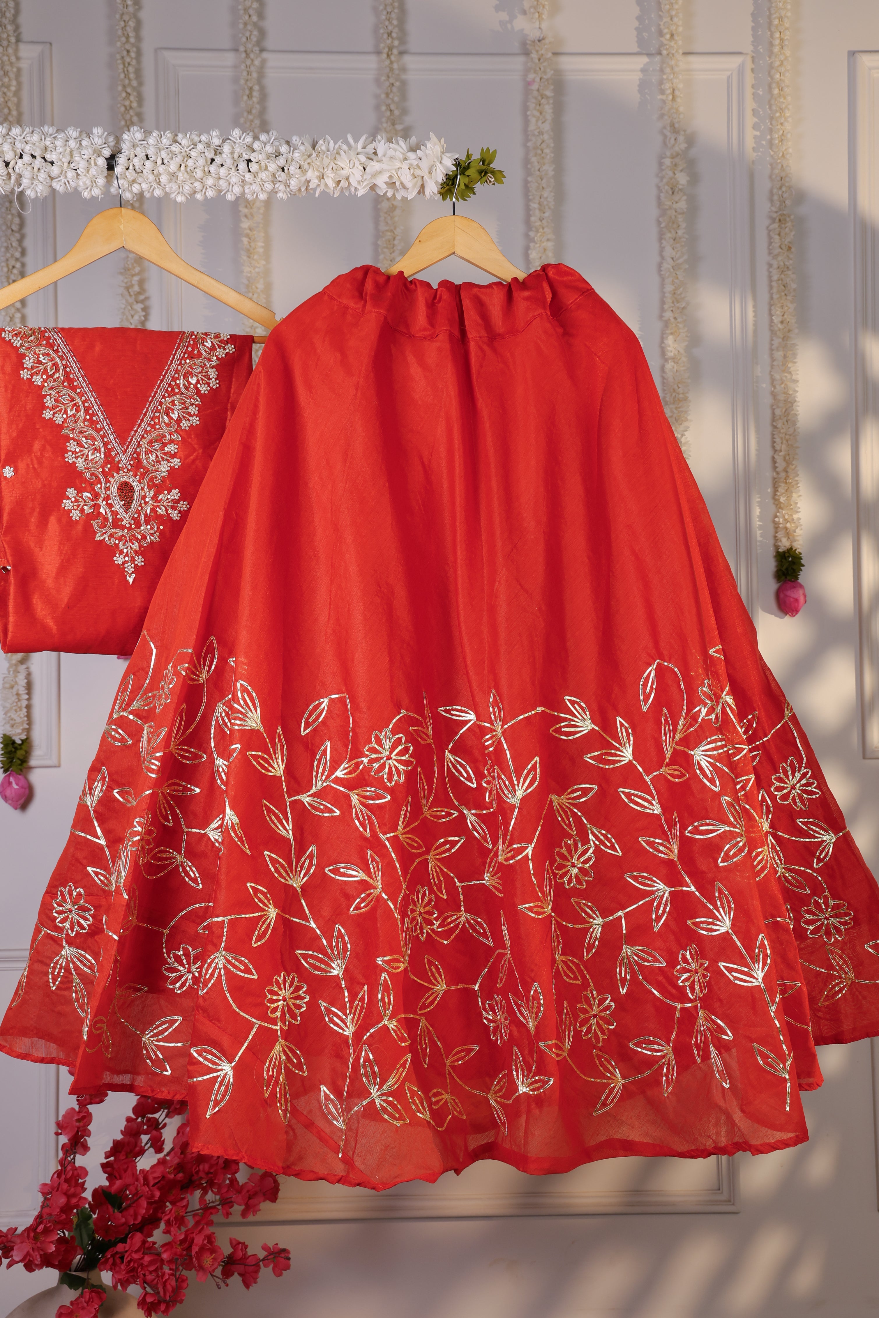 Heritage Saffron Red Semi-Stitched Lehenga Set