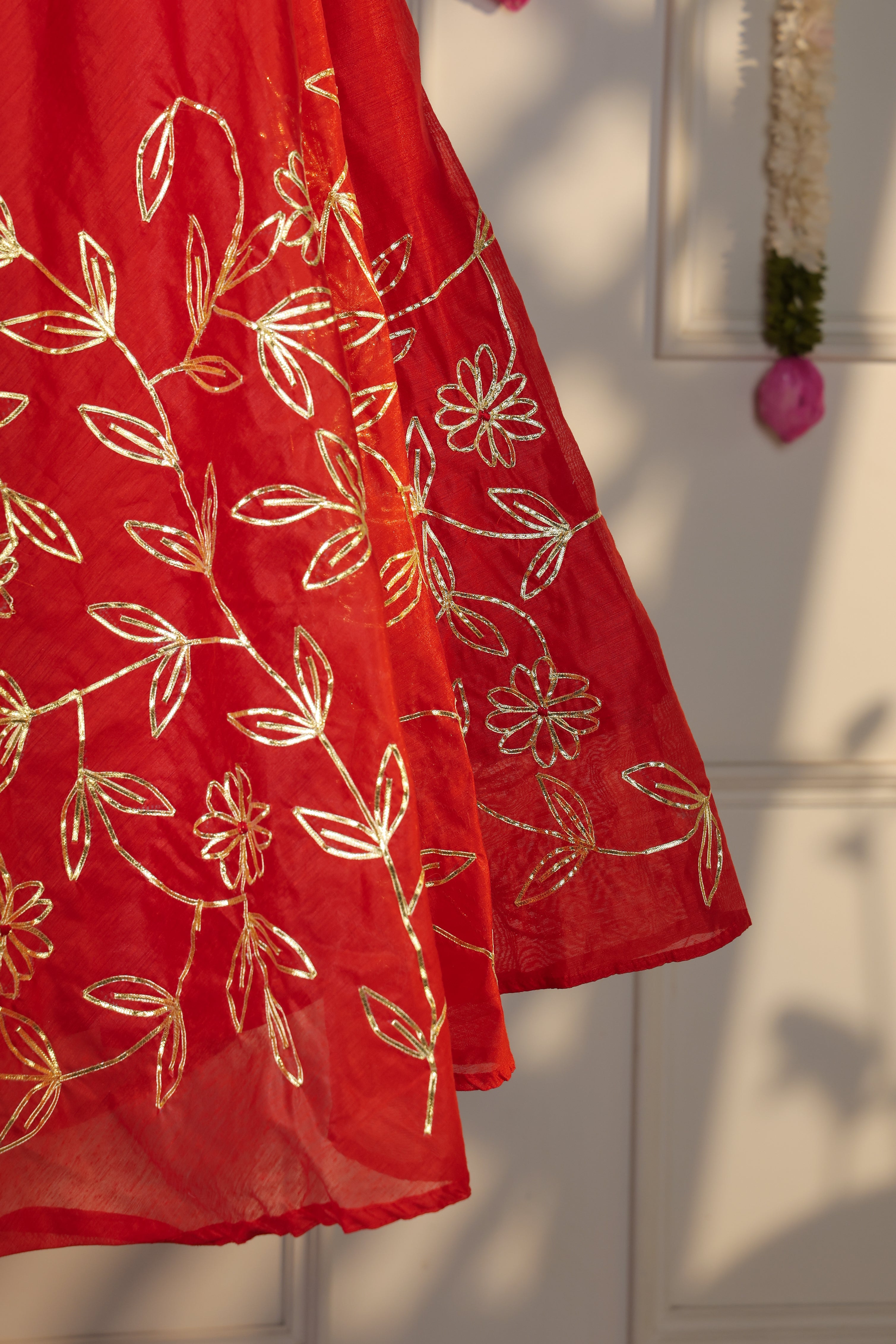 Heritage Saffron Red Semi-Stitched Lehenga Set