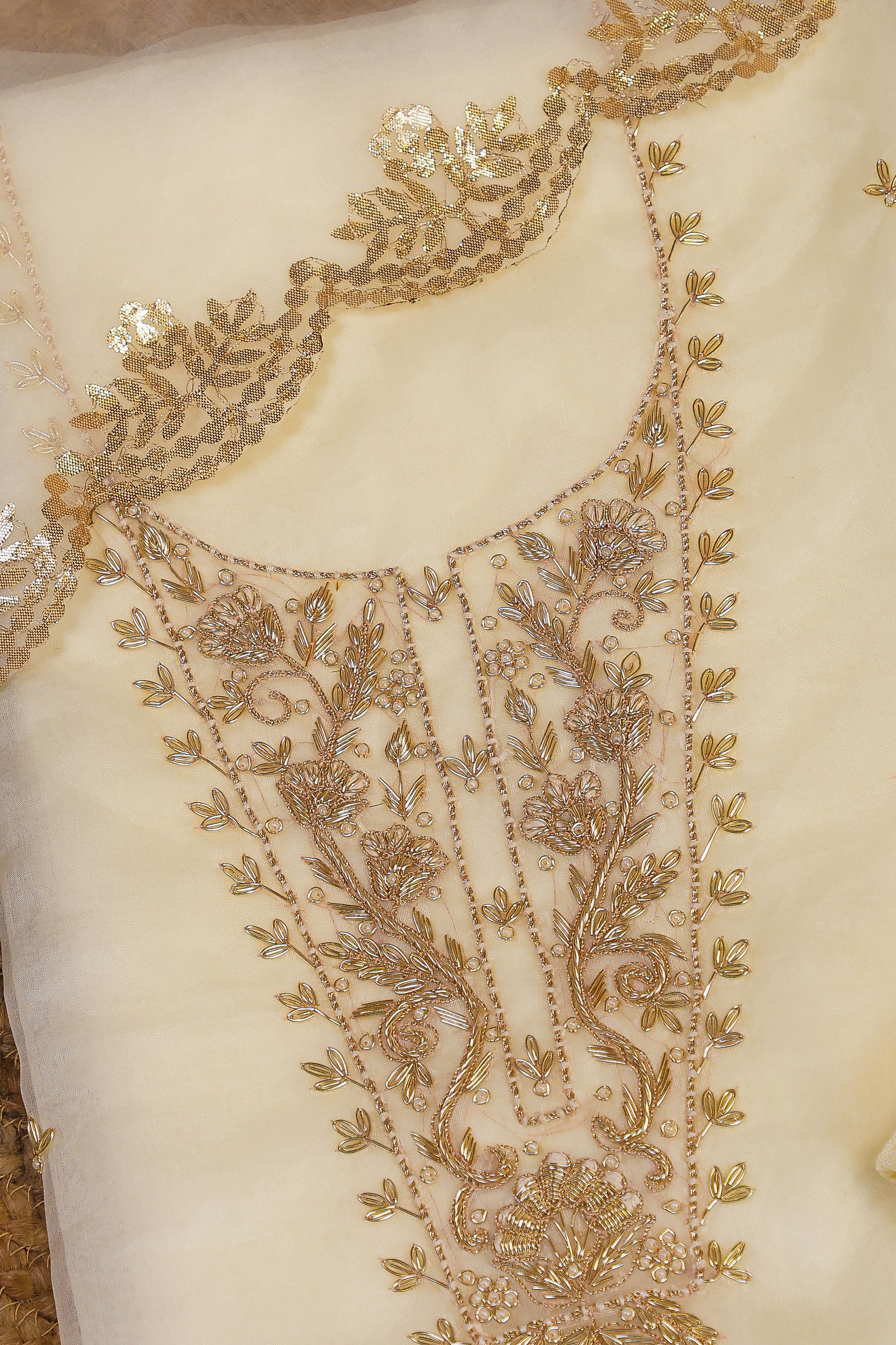 Off White Unstitch Suit with Handcrafted Heavy Zardozi and Patra Gota Patti Work