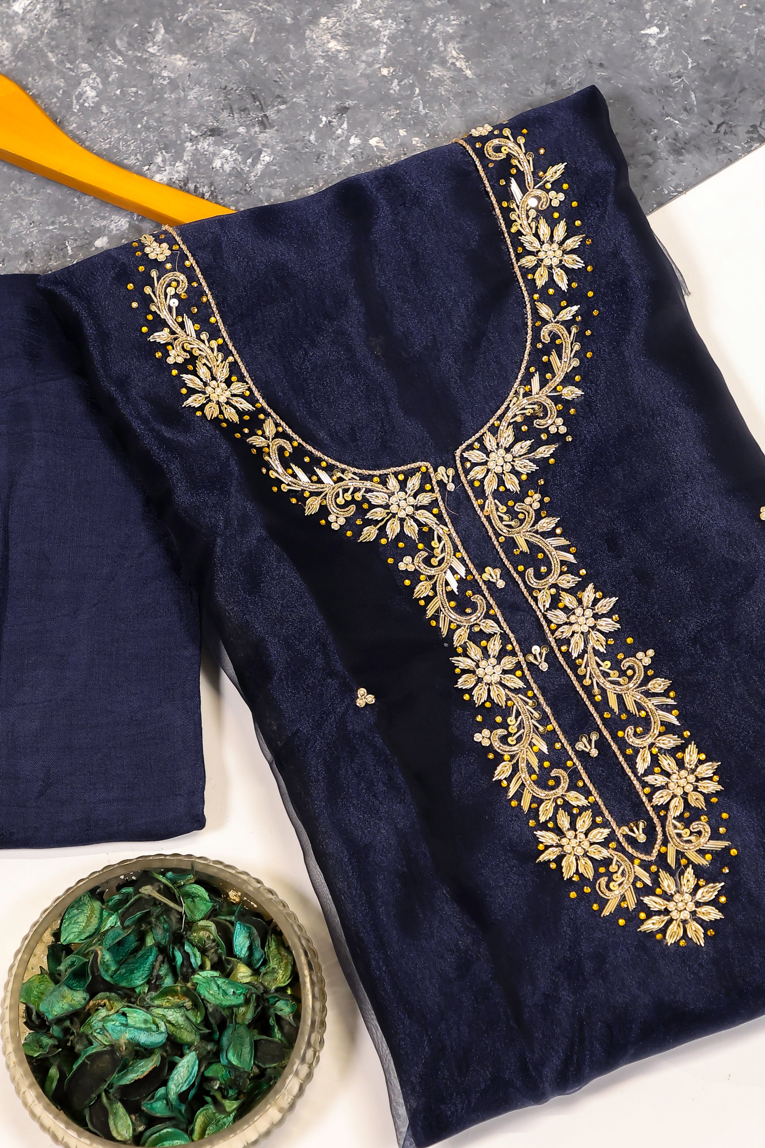 Navy Blue Unstitch Suit with Handcrafted Zardozi, Pearl, and Heavy Gota Patti Work