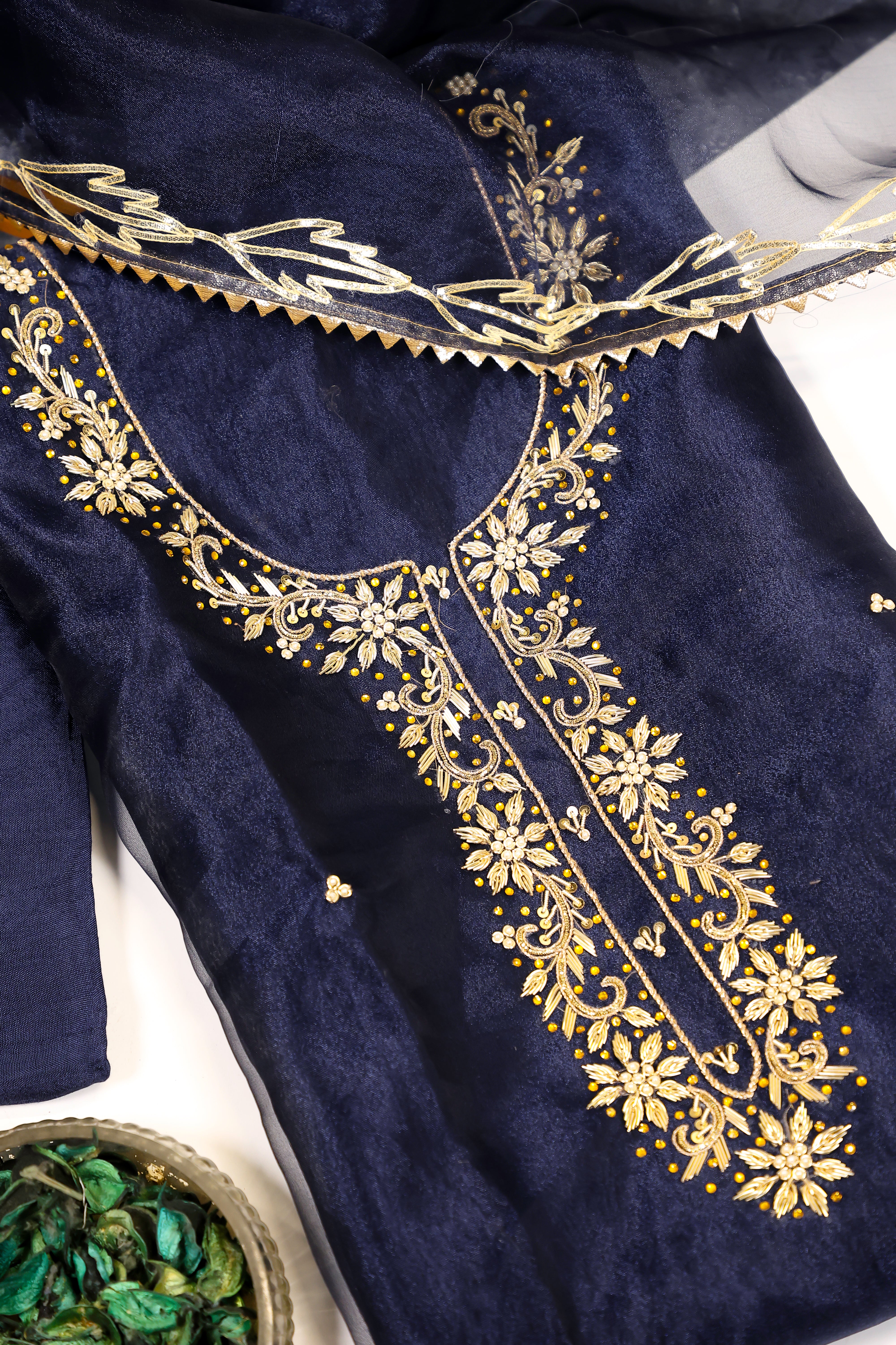 Navy Blue Unstitch Suit with Handcrafted Zardozi, Pearl, and Heavy Gota Patti Work