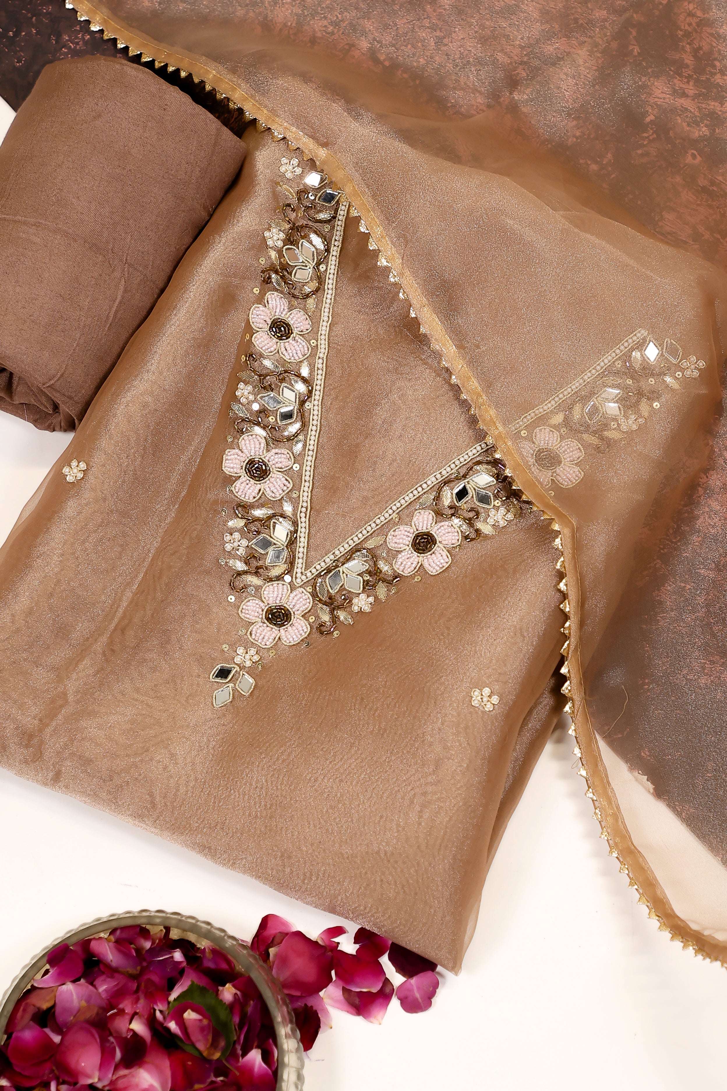 Chikoo Brown Unstitch Suit with V-Neck Heavy Pearl and Mirror Work