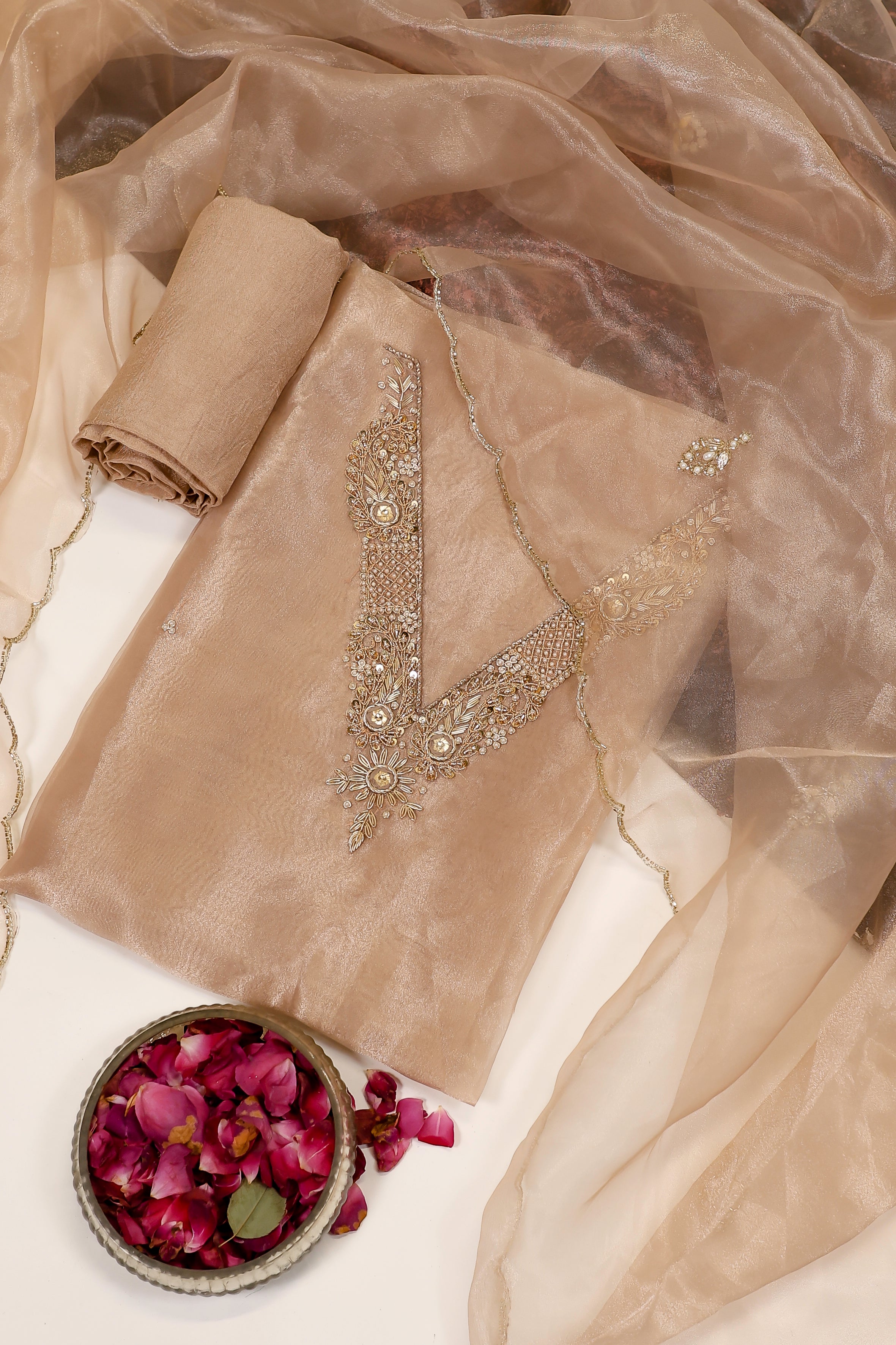 Chikoo Brown Unstitch Suit with V-Neck Handcrafted Zardozi and Pearl Work