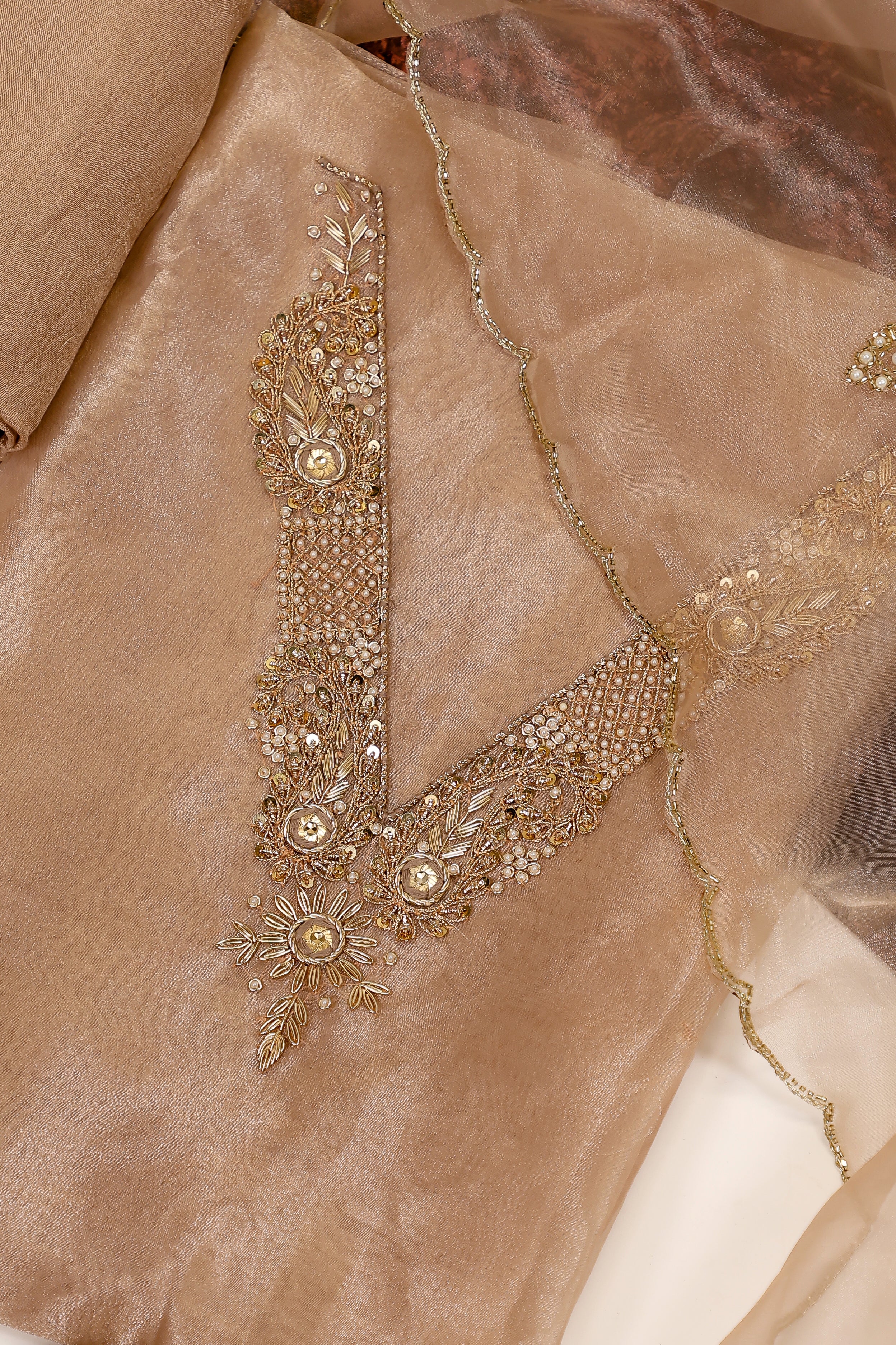 Chikoo Brown Unstitch Suit with V-Neck Handcrafted Zardozi and Pearl Work