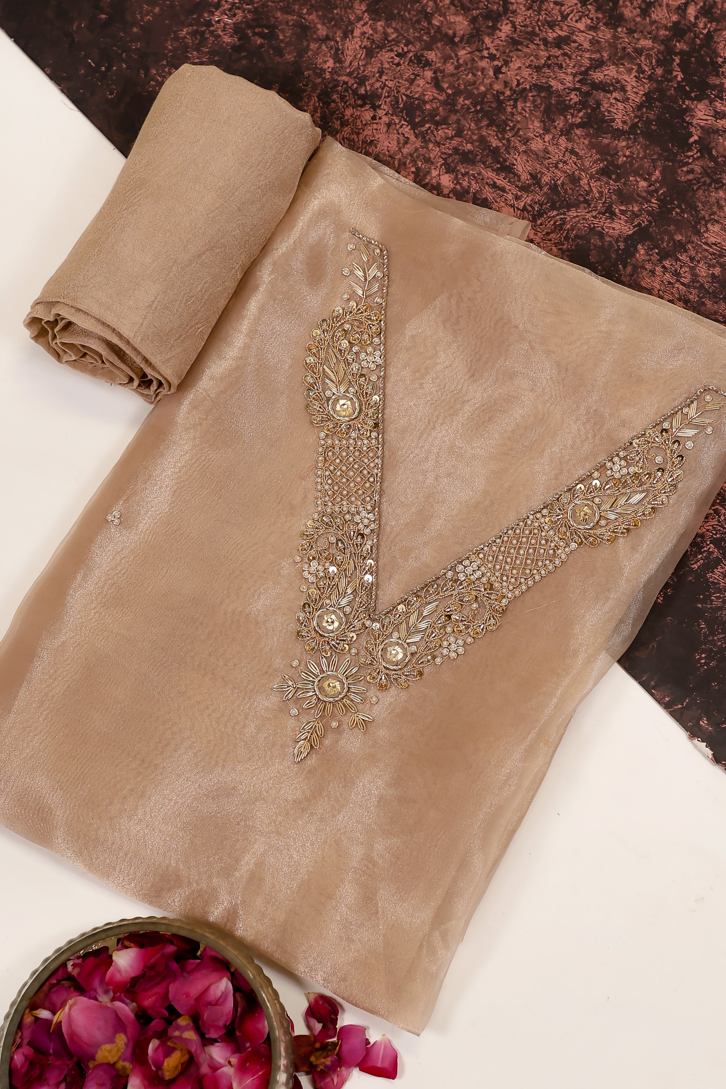 Chikoo Brown Unstitch Suit with V-Neck Handcrafted Zardozi and Pearl Work