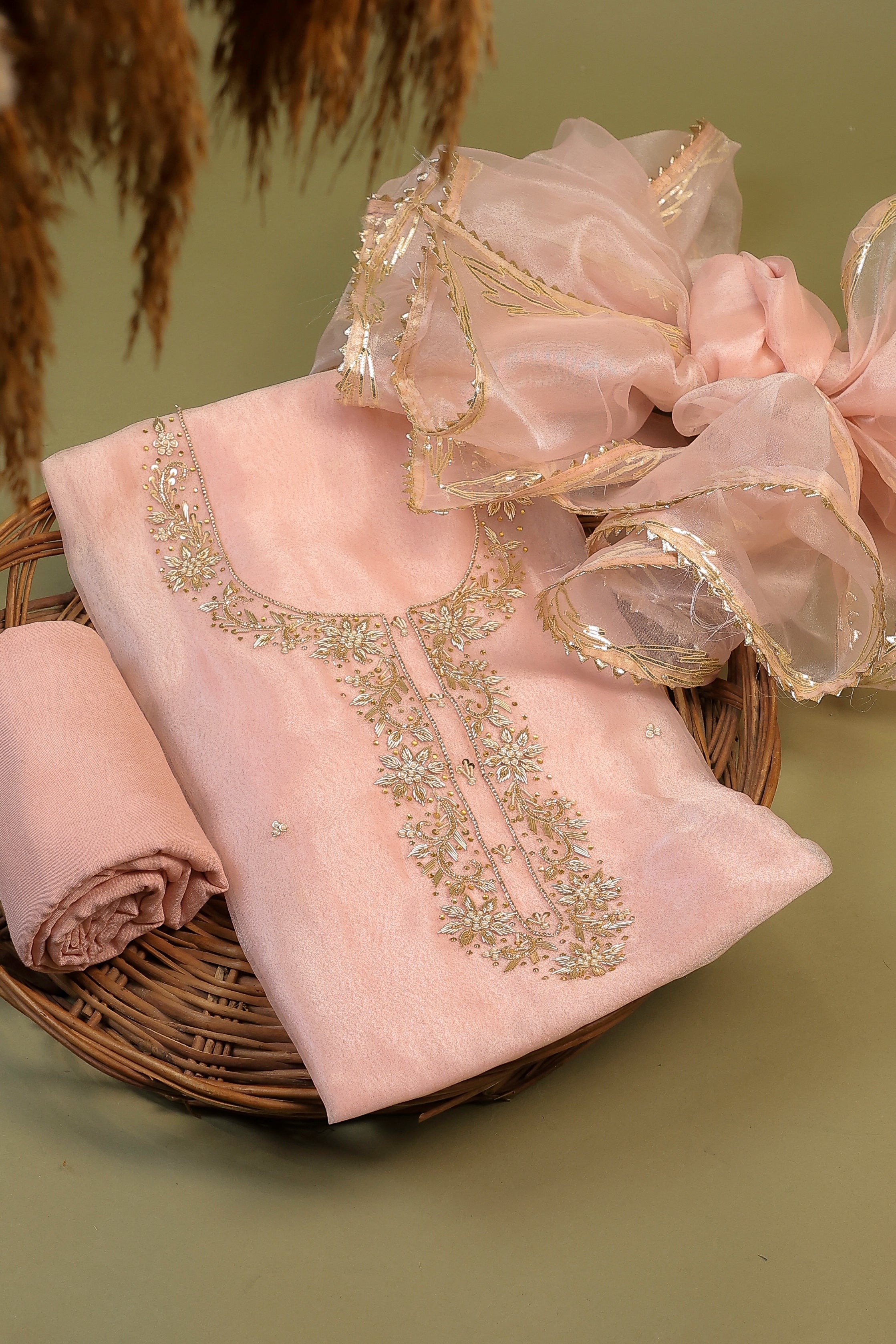 Onion Pink Unstitch Suit with Handcrafted Zardozi, Pearl, and Gota Patti Work