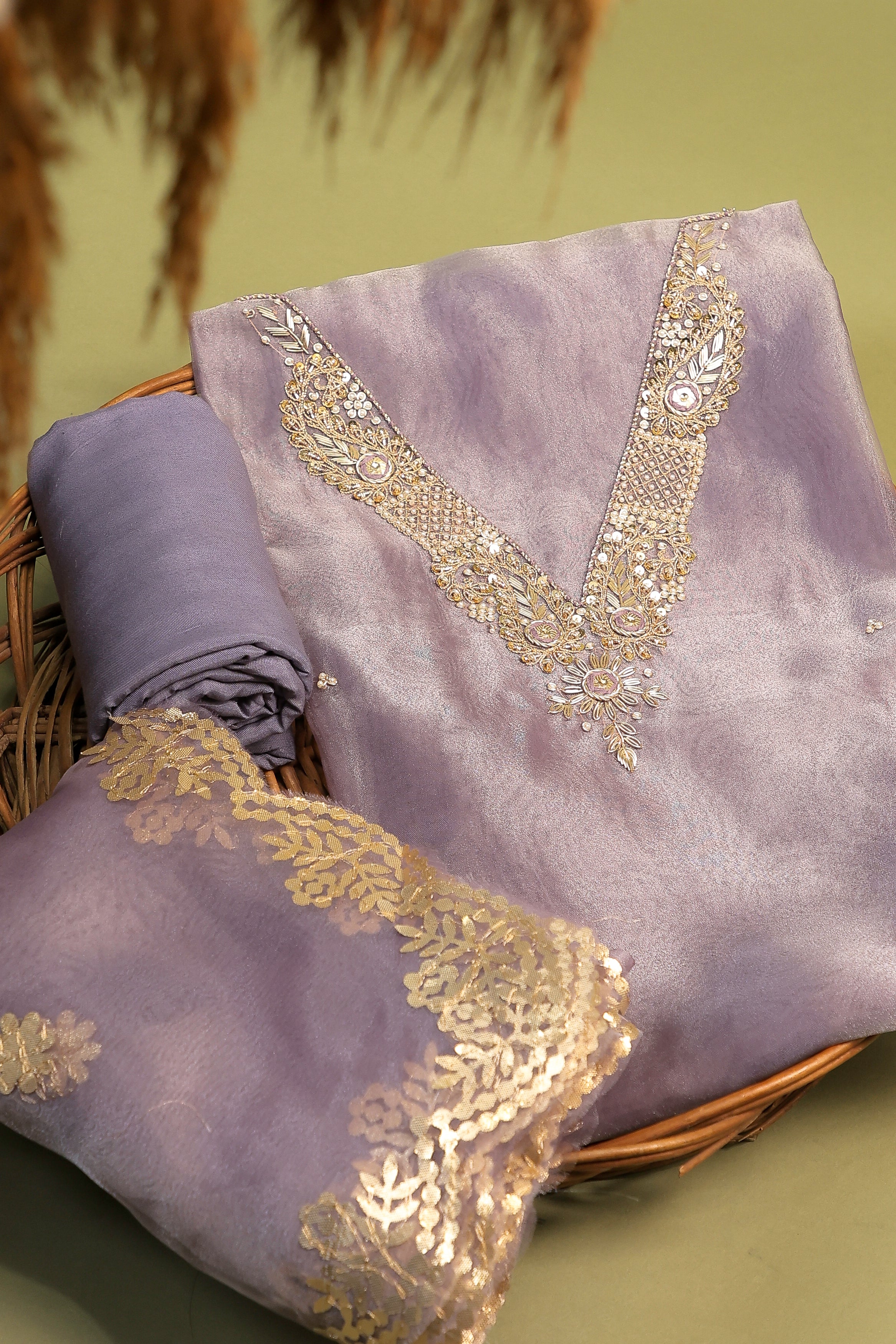 Lavender Unstitch Suit with V-Neck Handcrafted Zardozi and Patra Gota Patti Work