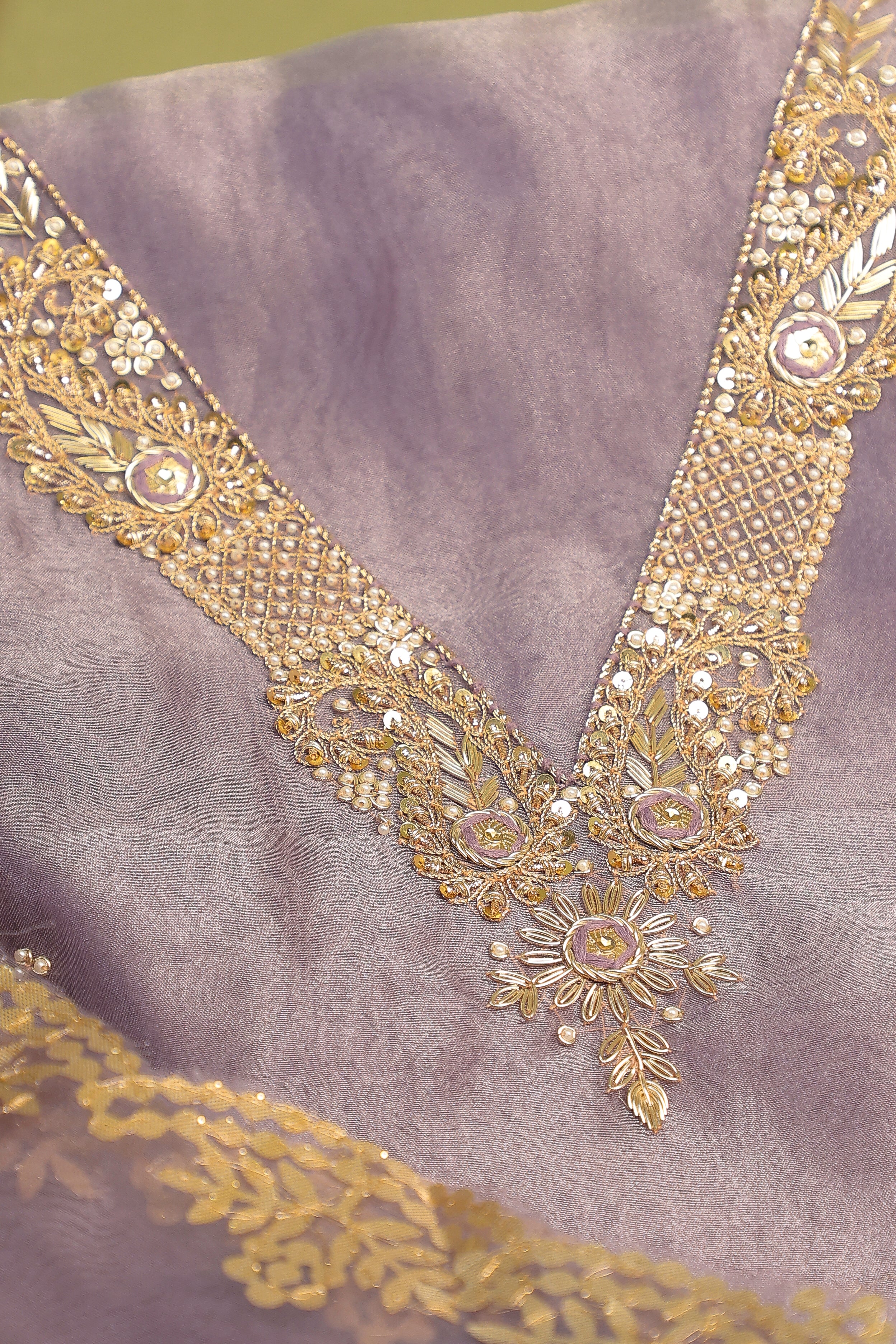 Lavender Unstitch Suit with V-Neck Handcrafted Zardozi and Patra Gota Patti Work