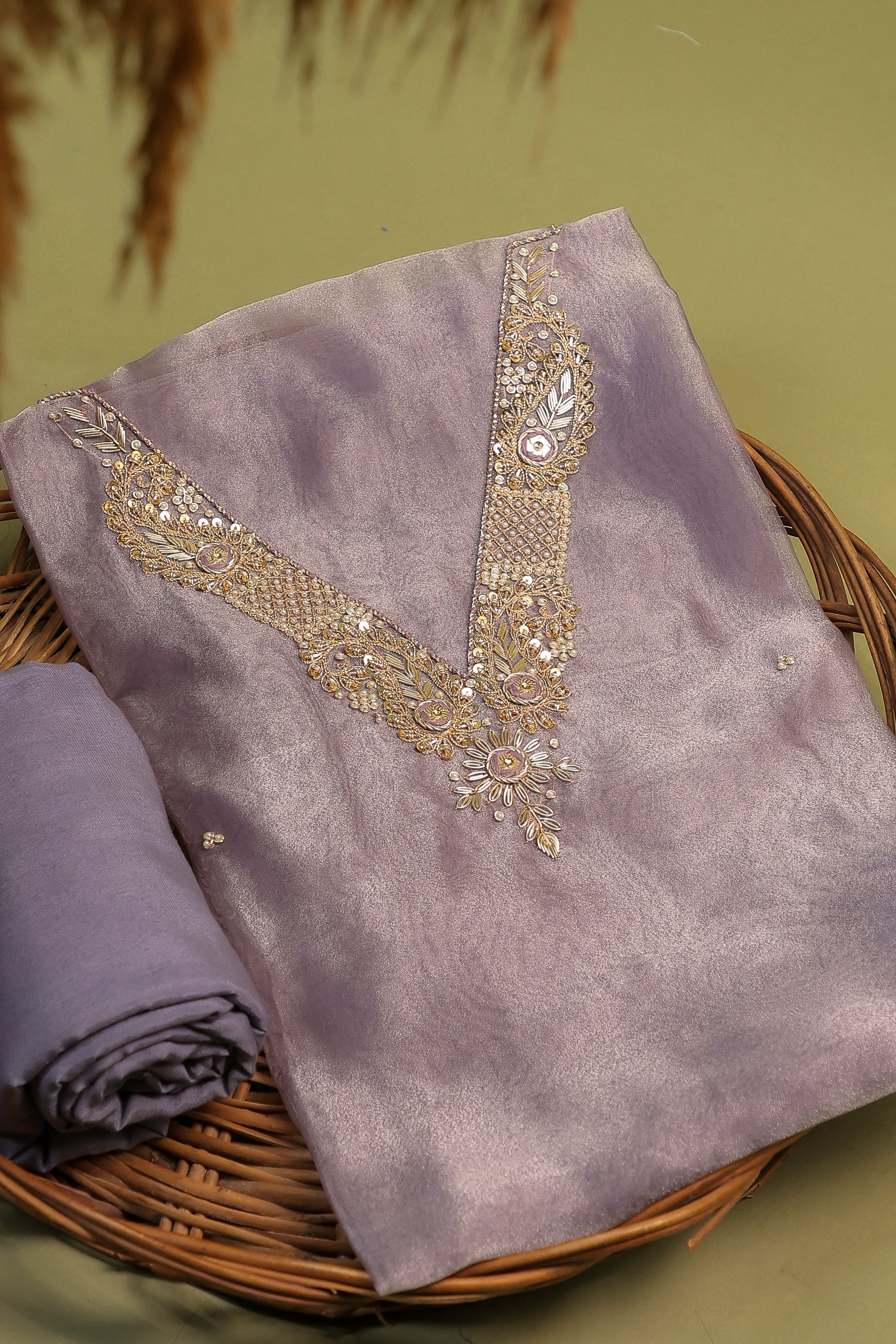 Lavender Unstitch Suit with V-Neck Handcrafted Zardozi and Patra Gota Patti Work