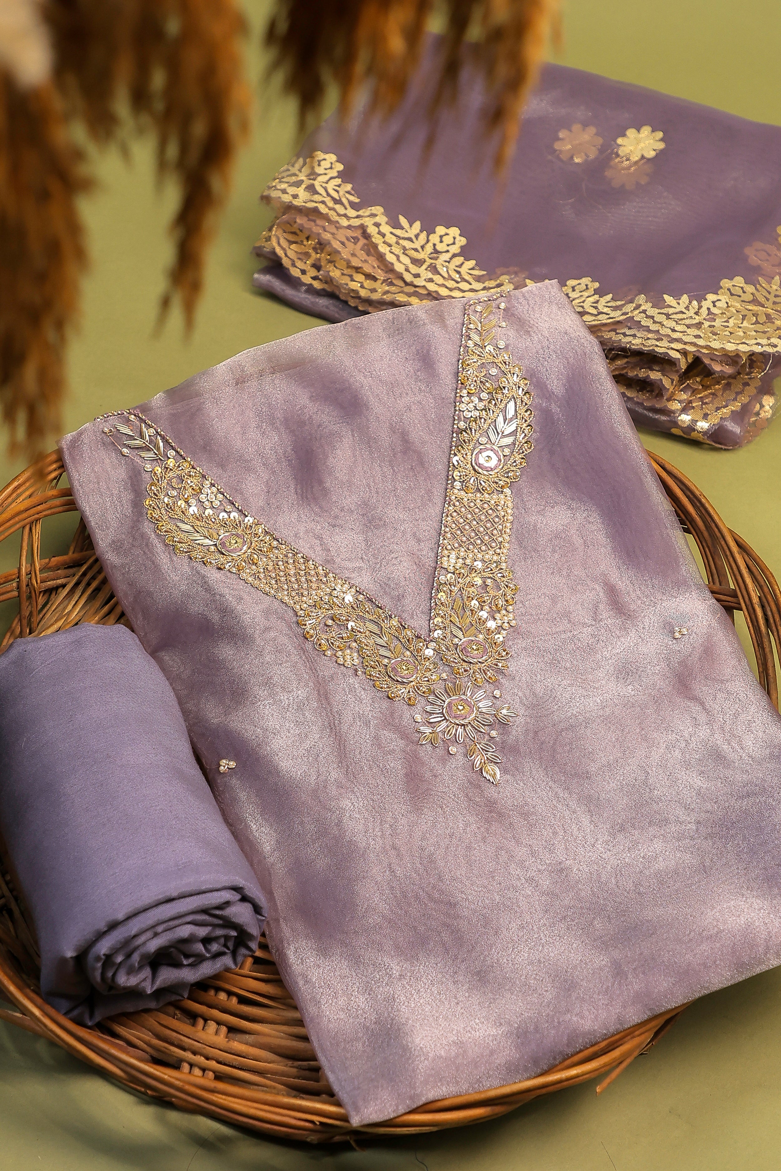 Lavender Unstitch Suit with V-Neck Handcrafted Zardozi and Patra Gota Patti Work