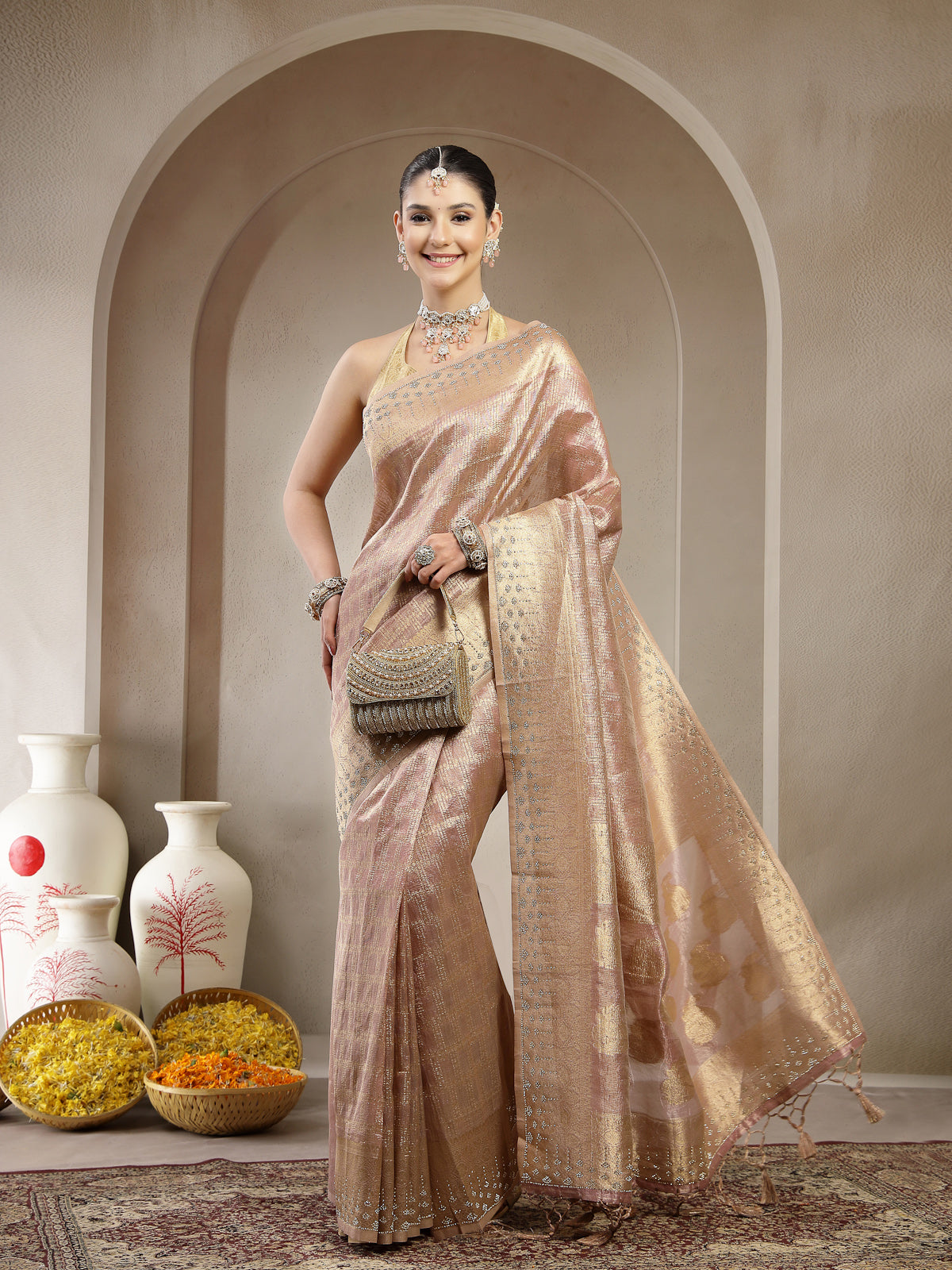 Champagne Gold Organza Silk Saree