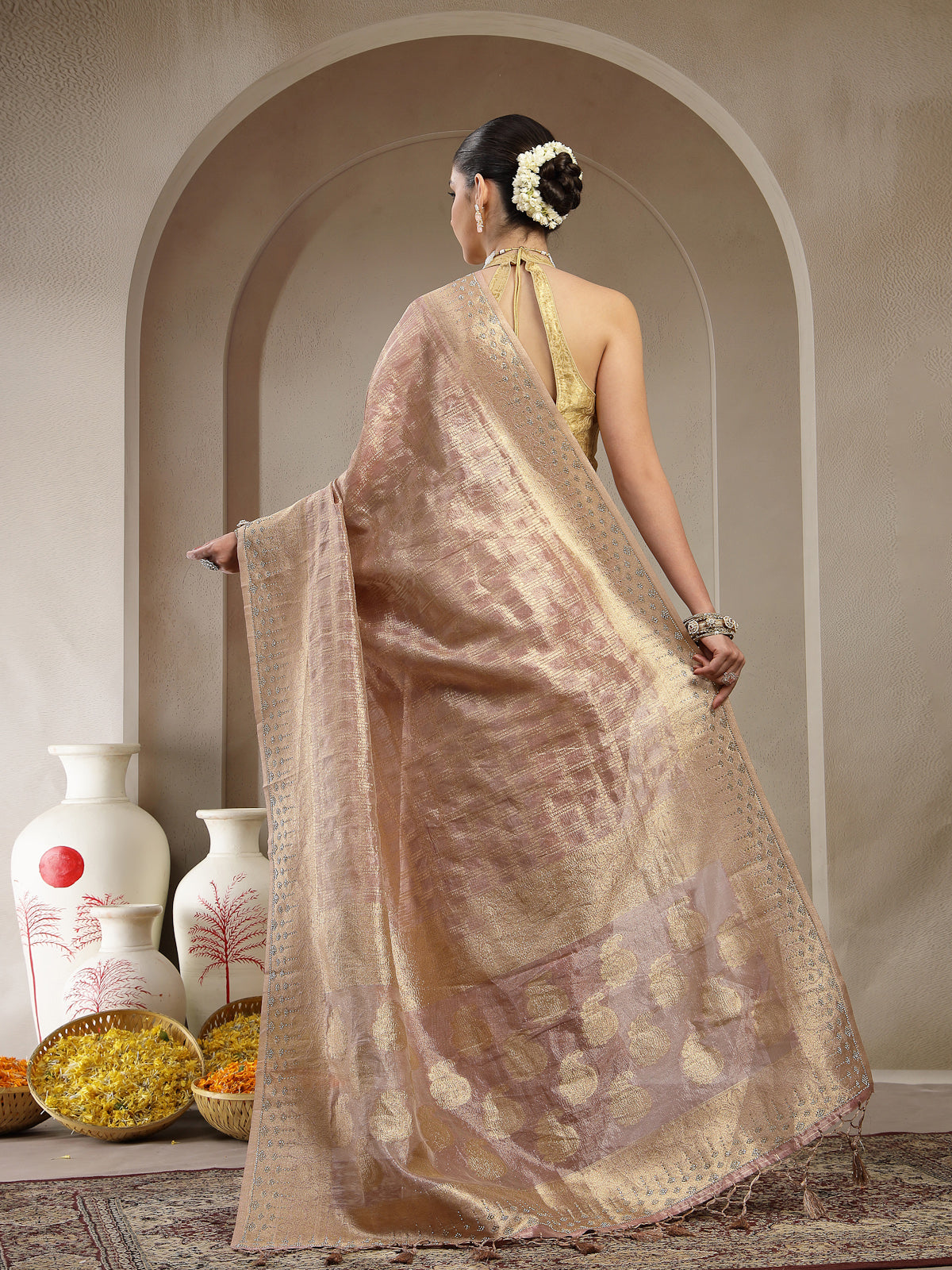 Champagne Gold Organza Silk Saree