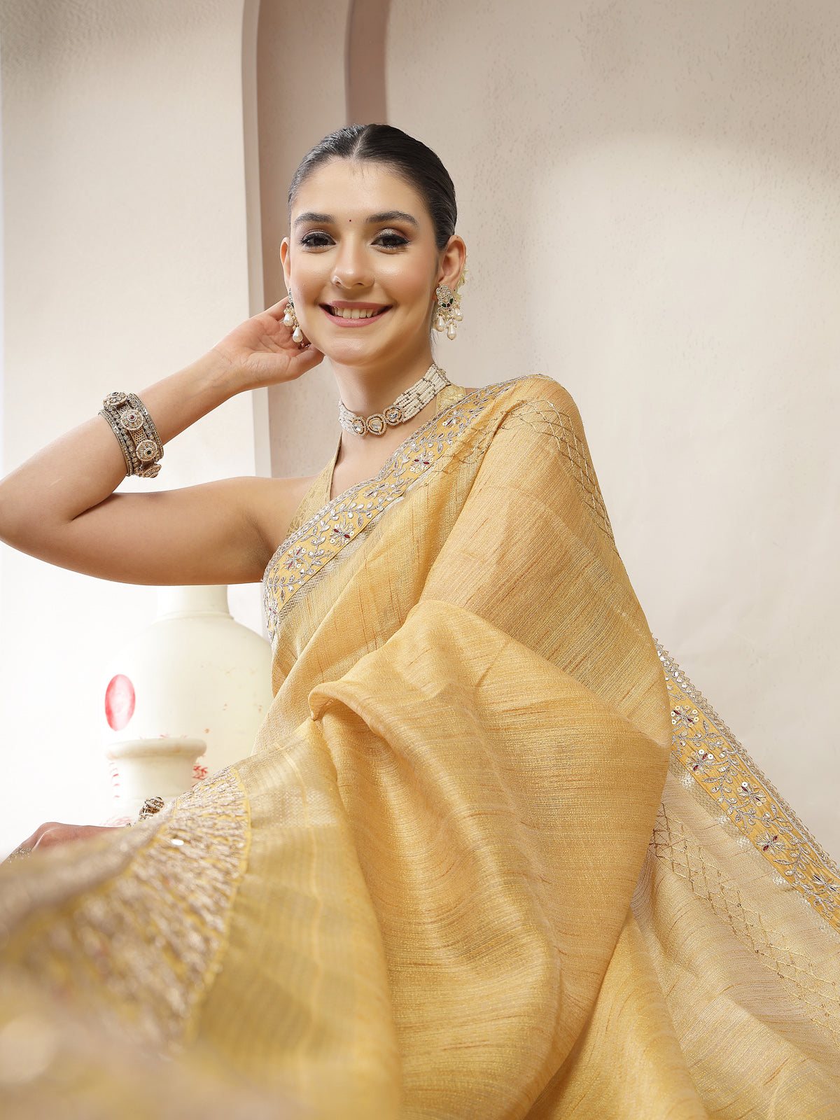 Golden Yellow Organza Silk Saree