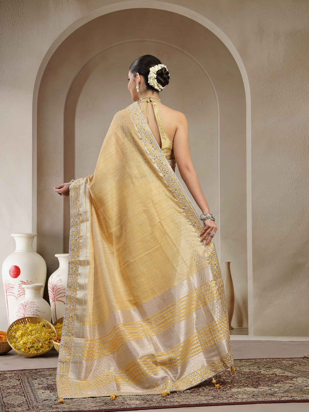 Golden Yellow Organza Silk Saree