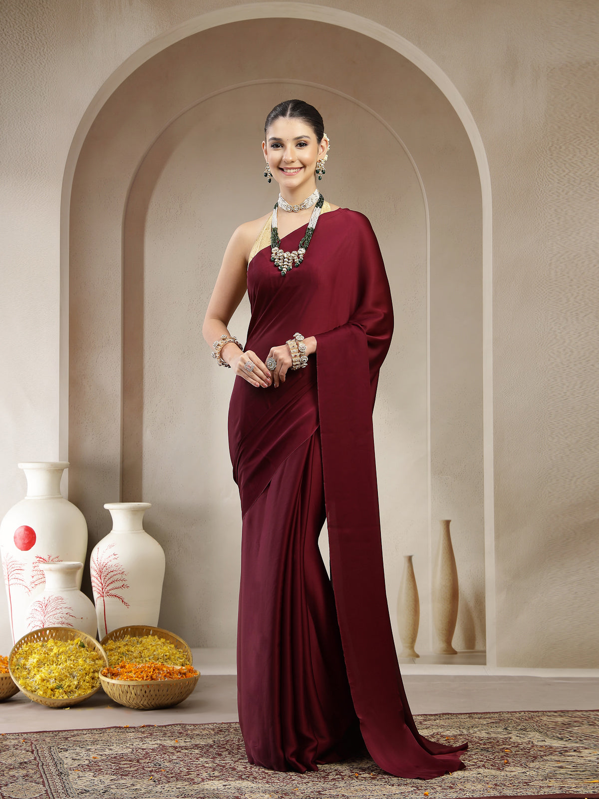 Deep Wine Satin Silk Saree