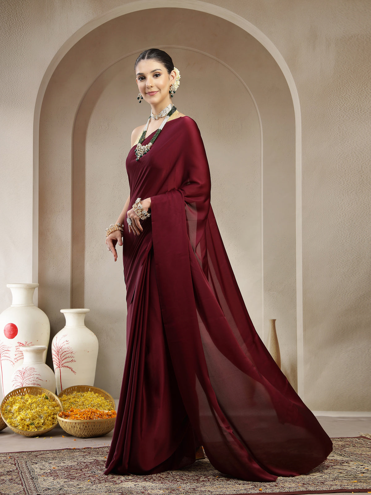 Deep Wine Satin Silk Saree