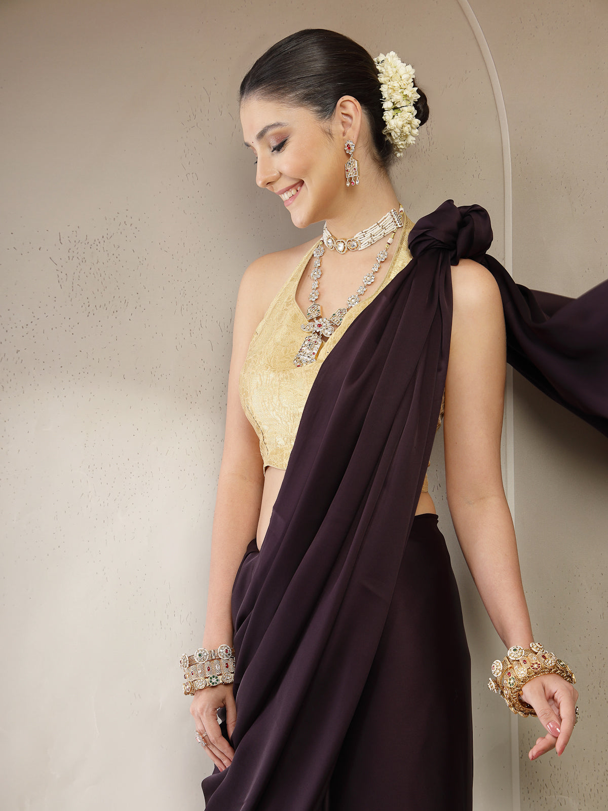 Burgundy Satin Silk Saree