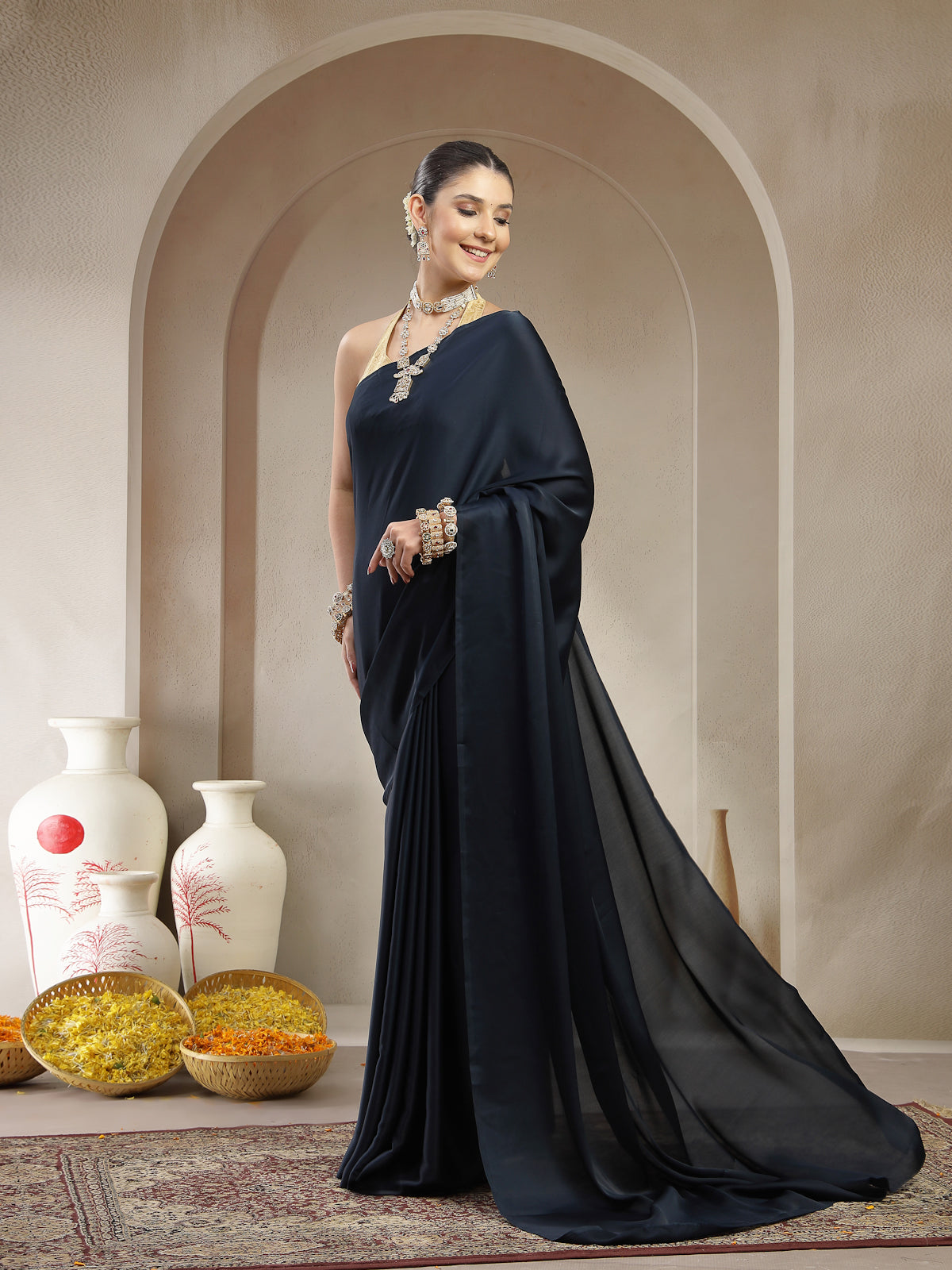 Dark Blue Plain Satin Silk Saree